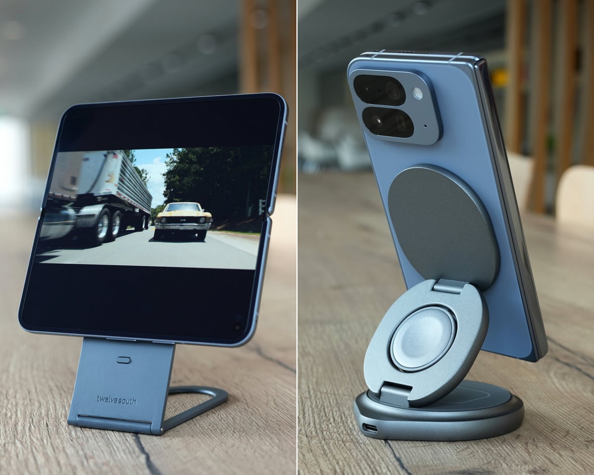 A composite showing the Google Pixel 10 Pro Fold held on a Twelve South Curve Nano stand and a QDOS SnapStand Qi2 charger.