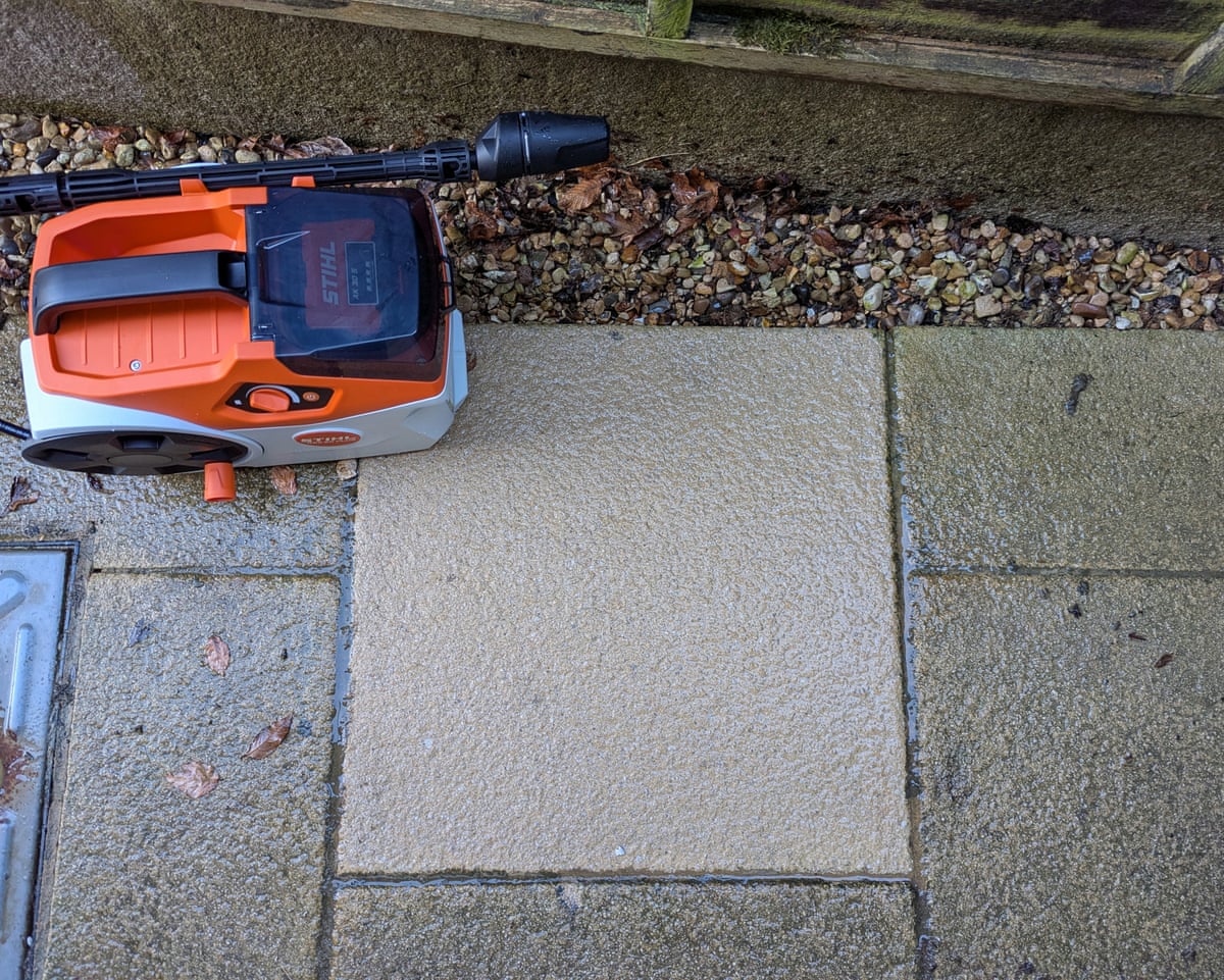 A patio slab after the Stihl Rea 60 Plus pressure washer cleaned it