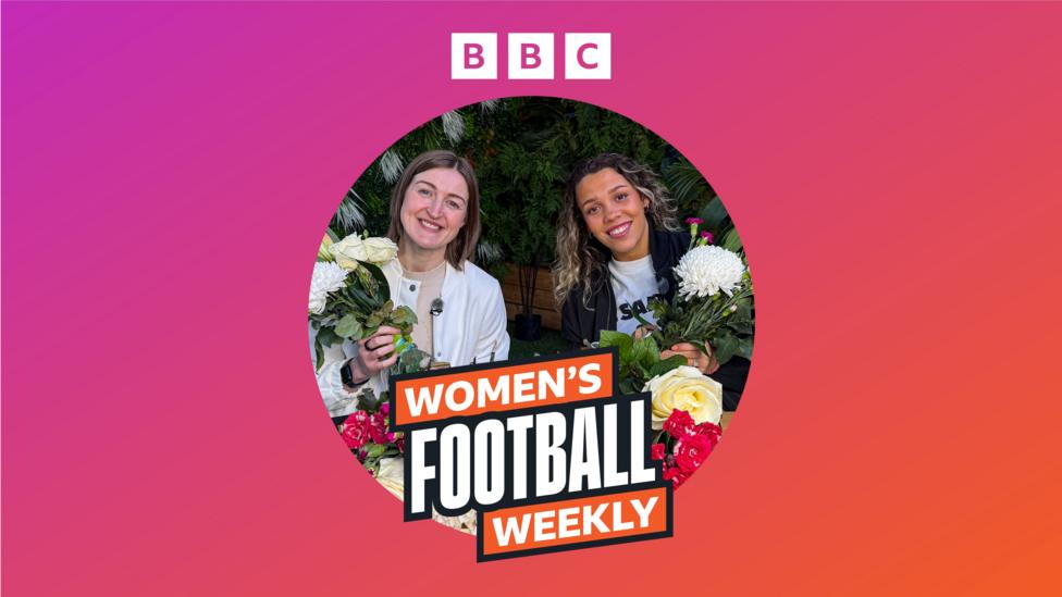 A brand image of Women's Football Weekly with Ellen White and Celin Bizet Donnum in the middle holding flowers