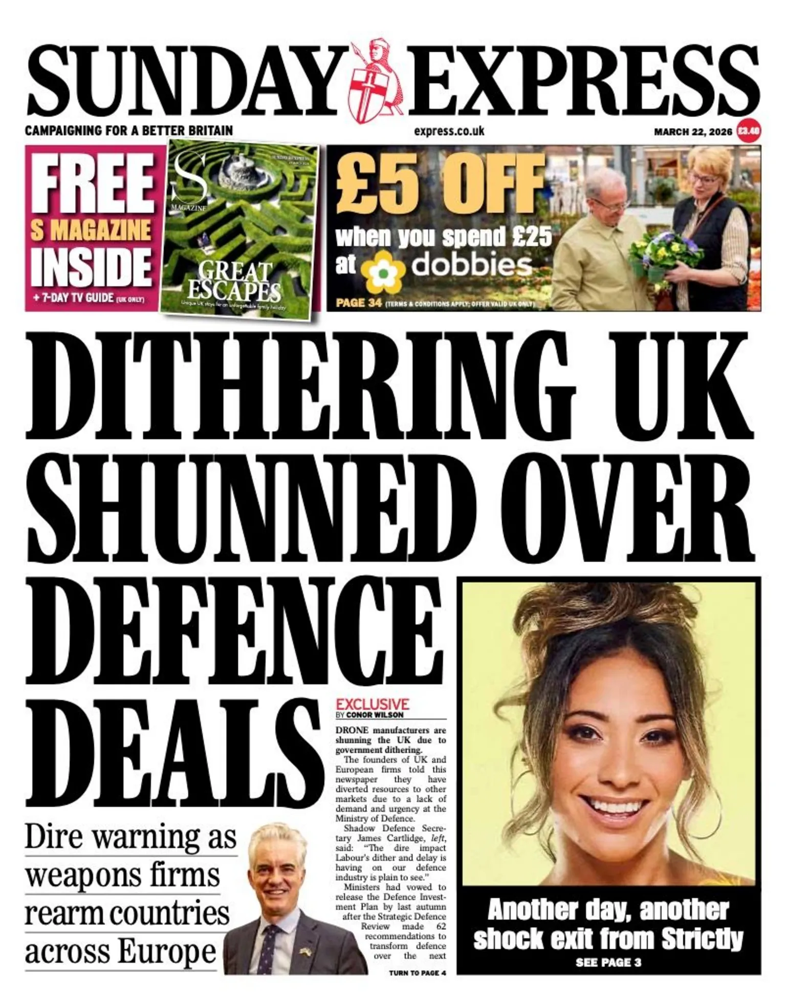 The headline on the front page of the Express reads: “Dithering UK shunned over defence deals”.