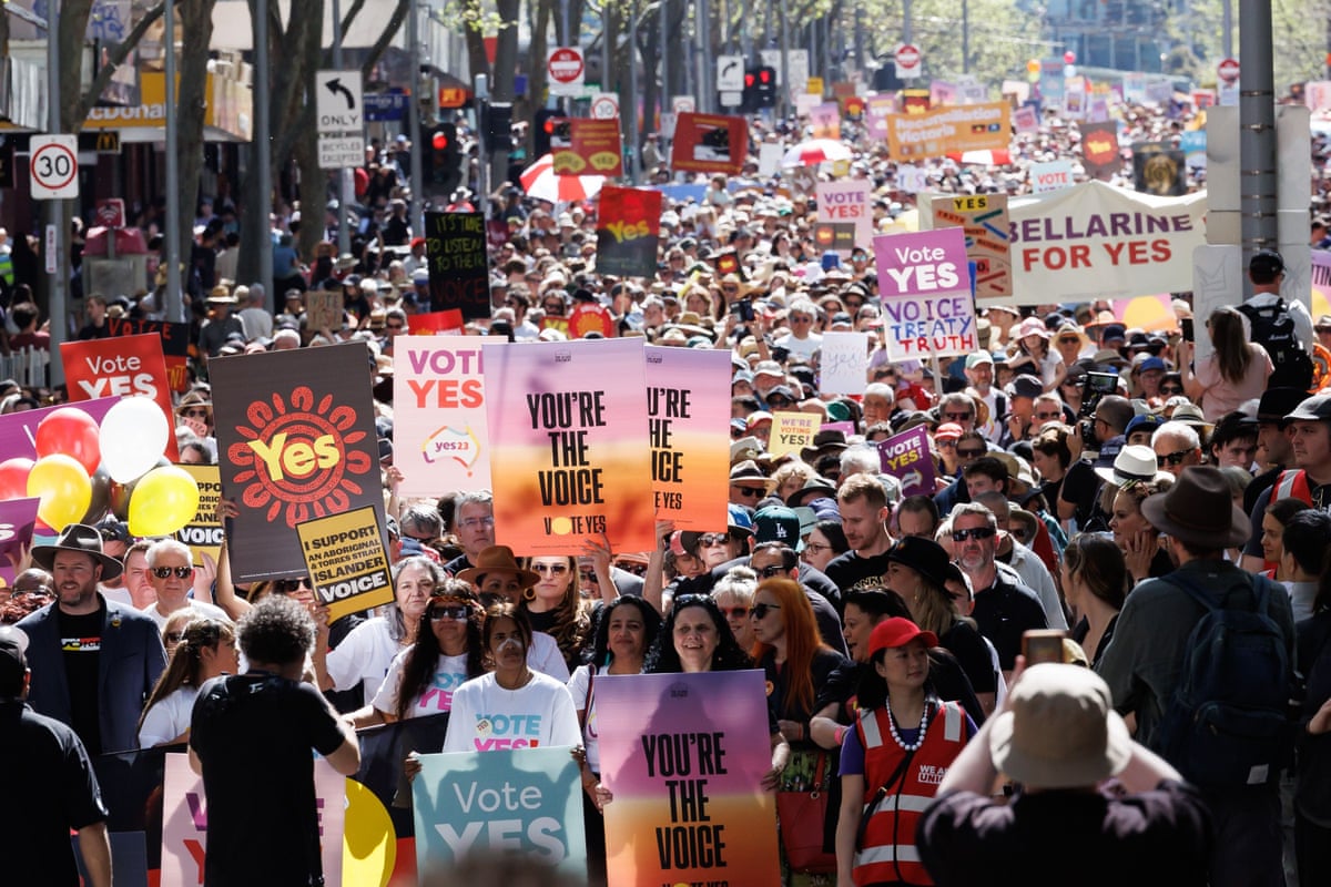 Thousands of people march in support of the voice to parliament in Melbourne, 14 October 2023
