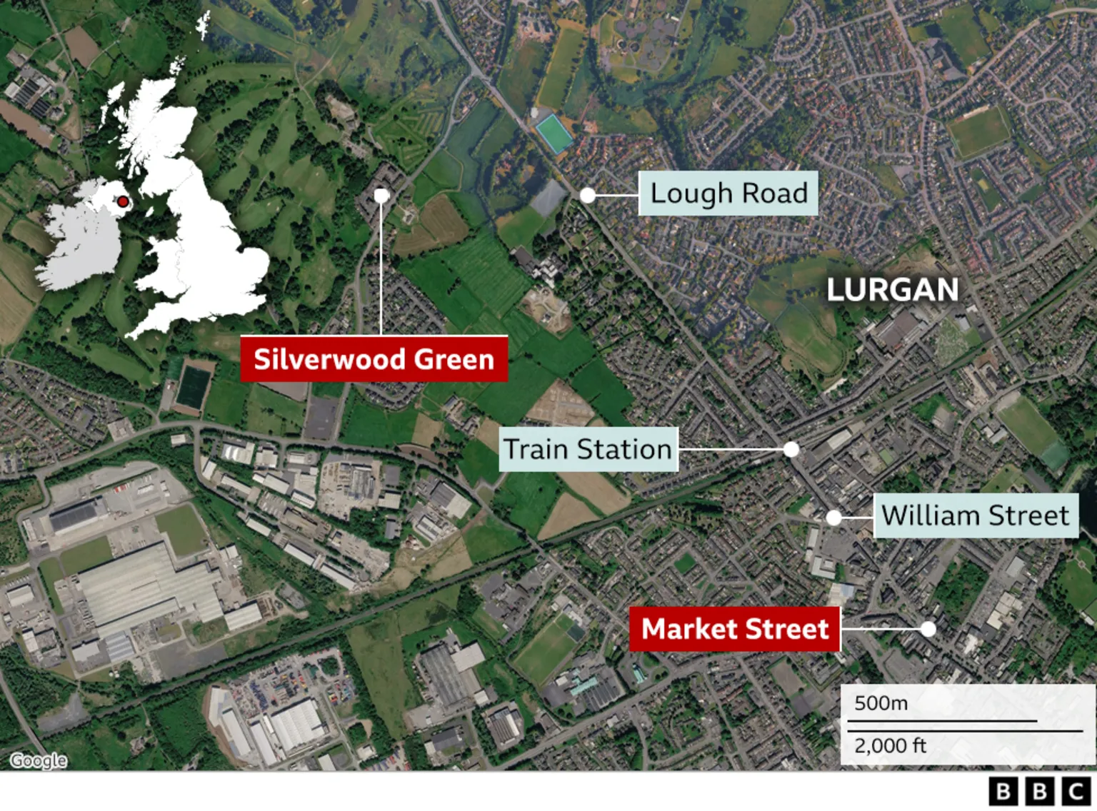 An overhead map of Lurgan town centre that higlights Market Street, William Street, the train station and Silverwood Green.