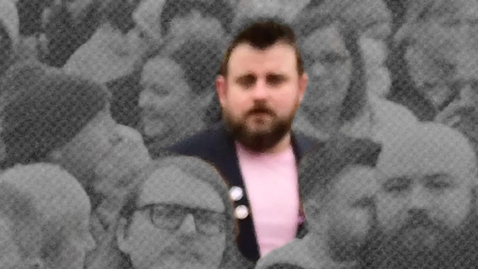 Pacemaker A greyed out image of a crowd, with Stephen McCullagh at the centre highlighted in colour. He is wearing a dark jacket and pink t-shirt.