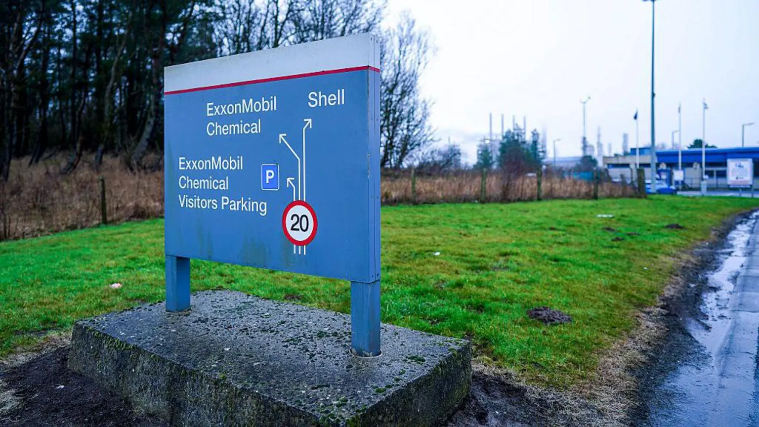  A road sign at the entrance to the ExxonMobil plant in Fife