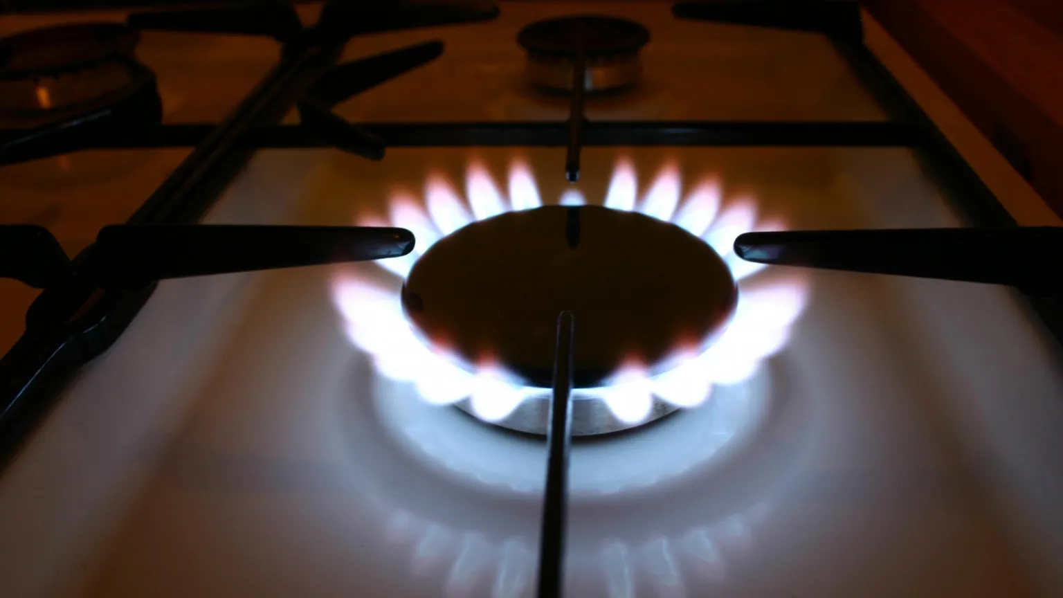 A gas cooker ring on a white stove showing an open blue and orange flame. 