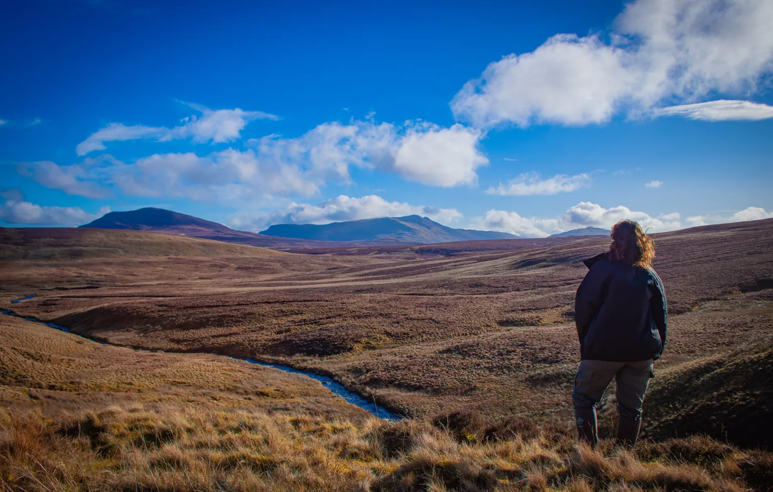 Aaron Houghton Georgina Paul stands looking out onto a grassy peatland habitat. There are mountains or hills in the background and a small winding stream in the foreground.