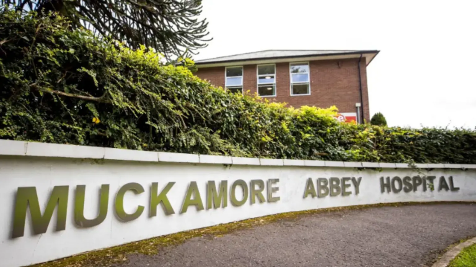 A sign outside a red building that reads: Muckamore Abbey Hospital in gold letters on a white wall. A hedge is on top of the wall.