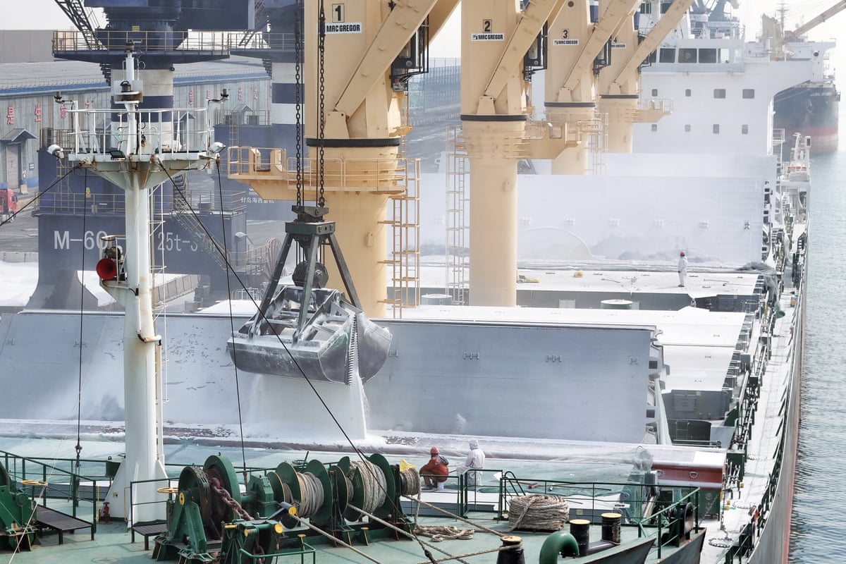 Fertiliser being loaded on to a cargo ship in Yantai, China.