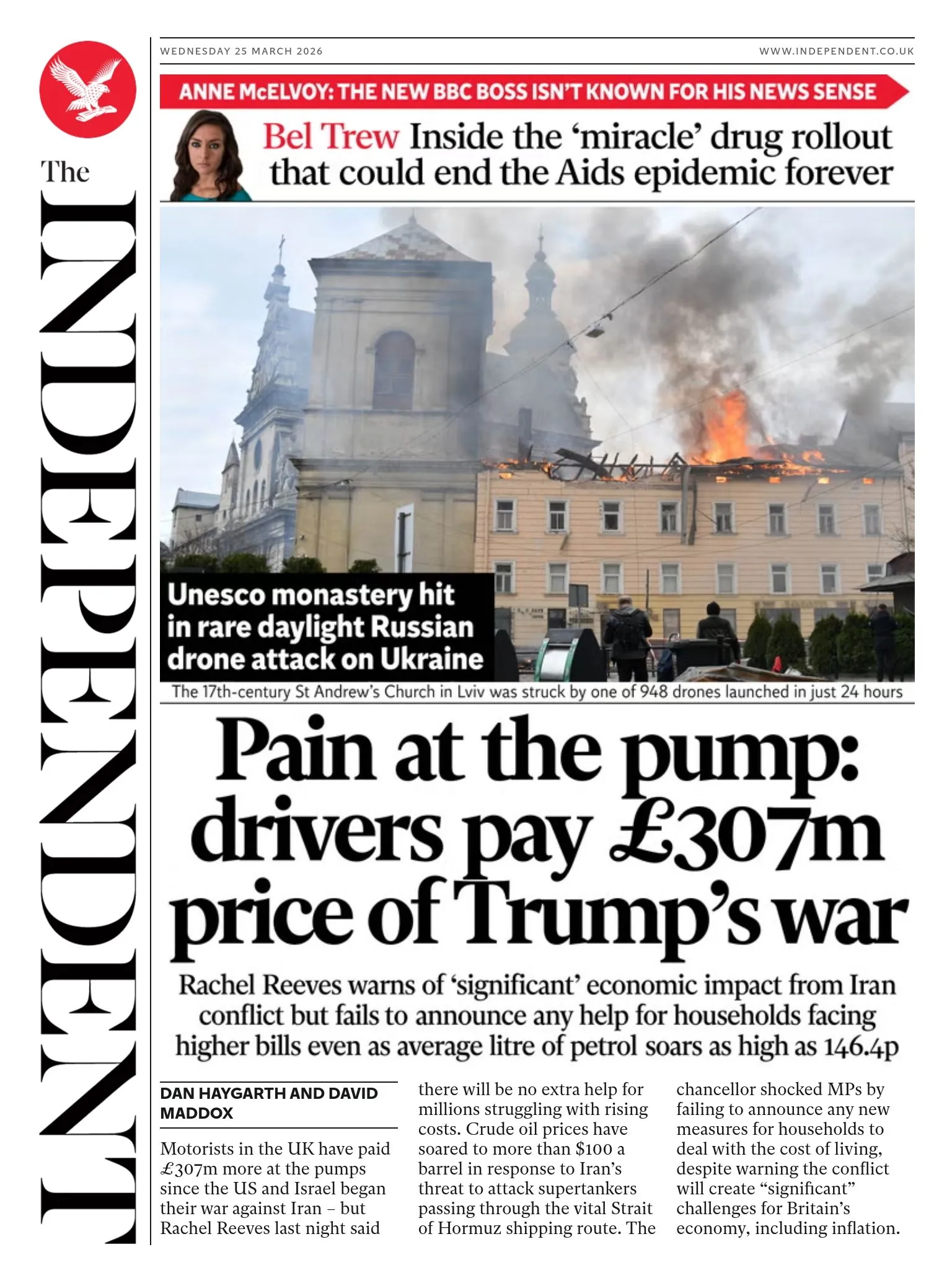 The headline on the front page of the Independent reads: 