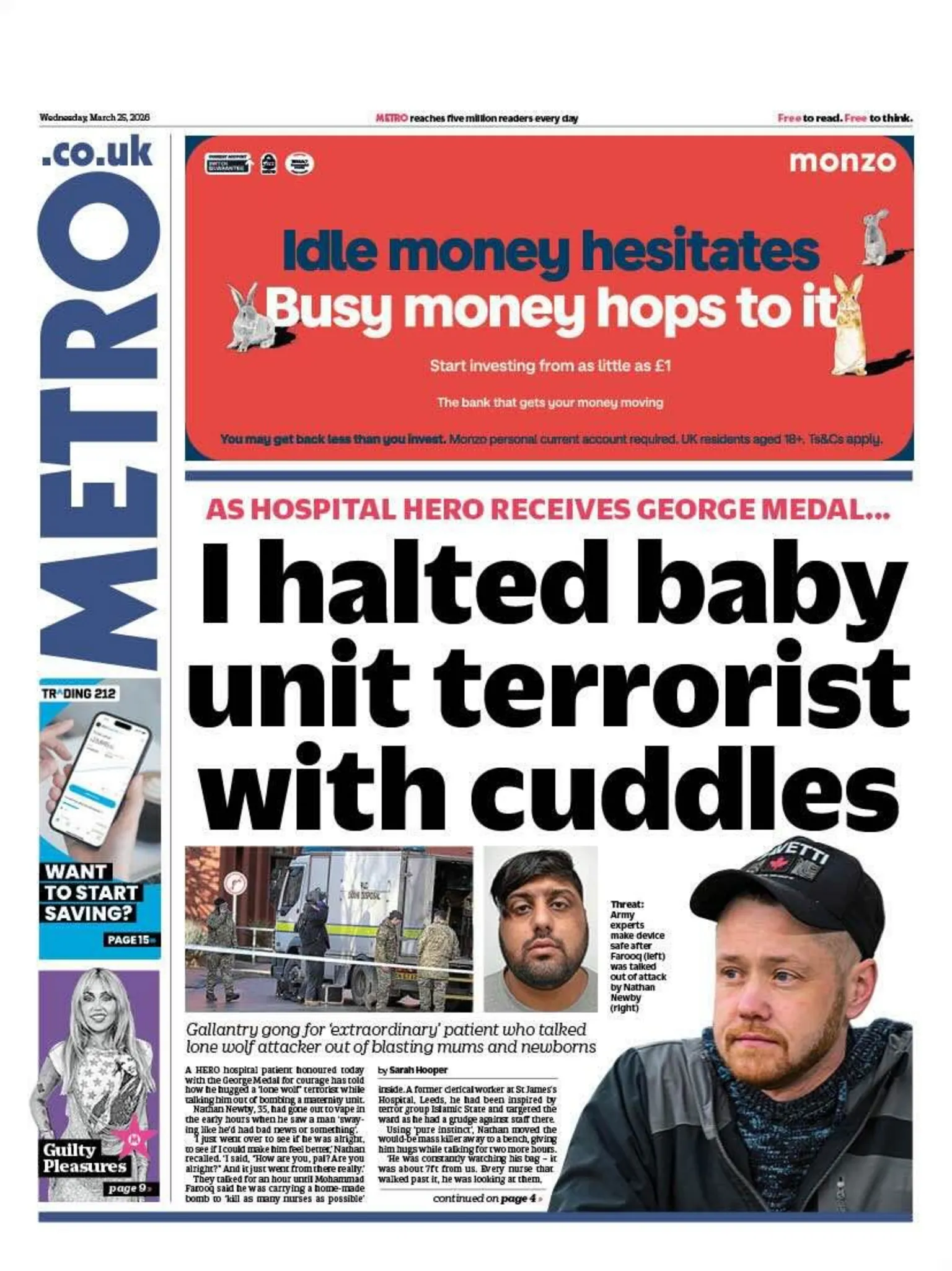 The headline on the front page of Metro reads: 