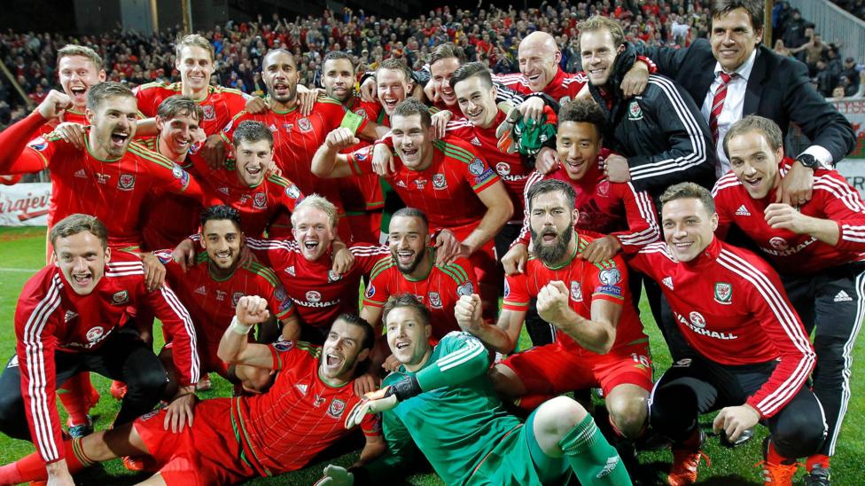 Wales players celebrated on the pitch in Zenica after losing to Bosnia in 2015