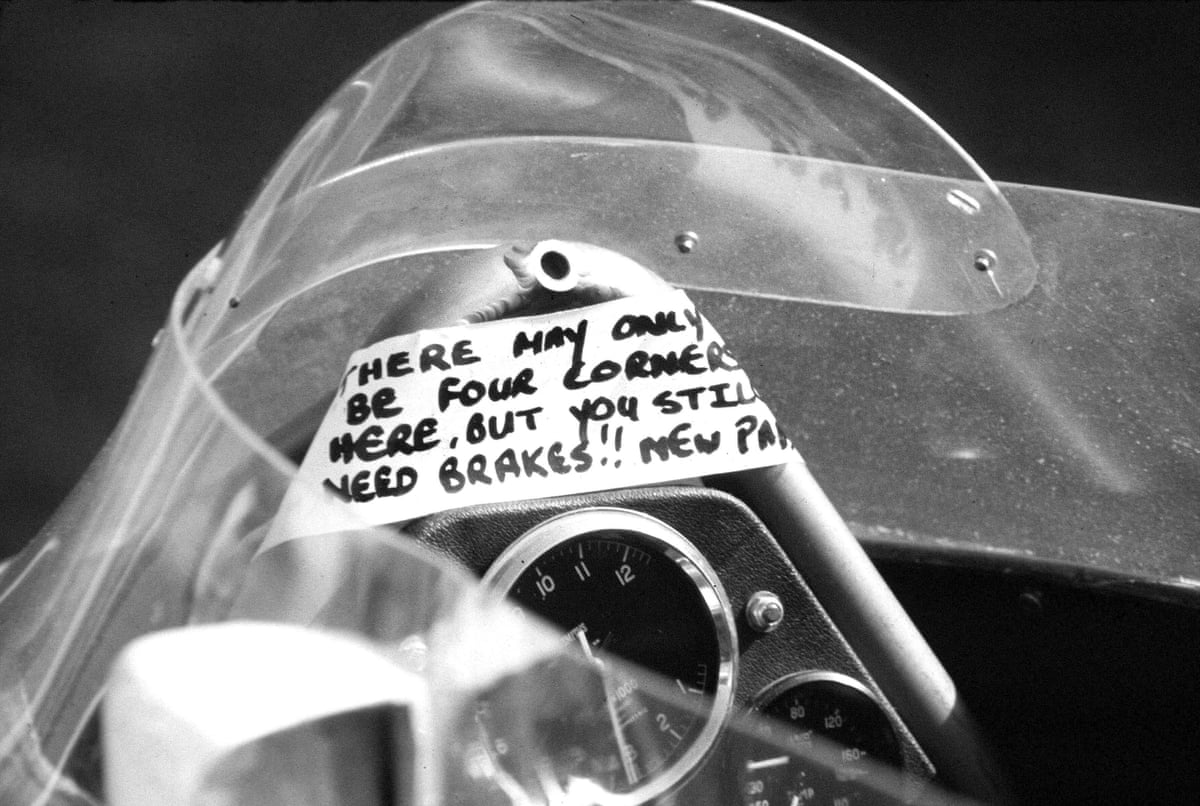 A note left for James Hunt by his mechanics that says: ‘There may only be four corners here but you still need brakes!!’