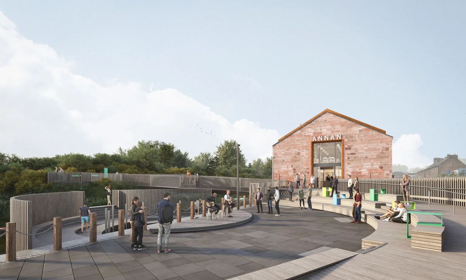 Arc Architects Limited An artists impression of the new visitor hub which is shown as a sandstone brick constructed building with visitors standing outside on a landscaped area of stone and wood, including a footbridge