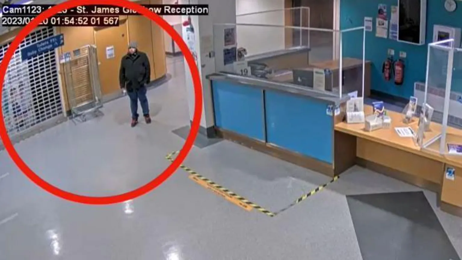  Counter Terrorism Policing North East Mohammad Farooq in the foyer of St James's Hospital. A large red ring is circling Farooq in the deserted hospital area.