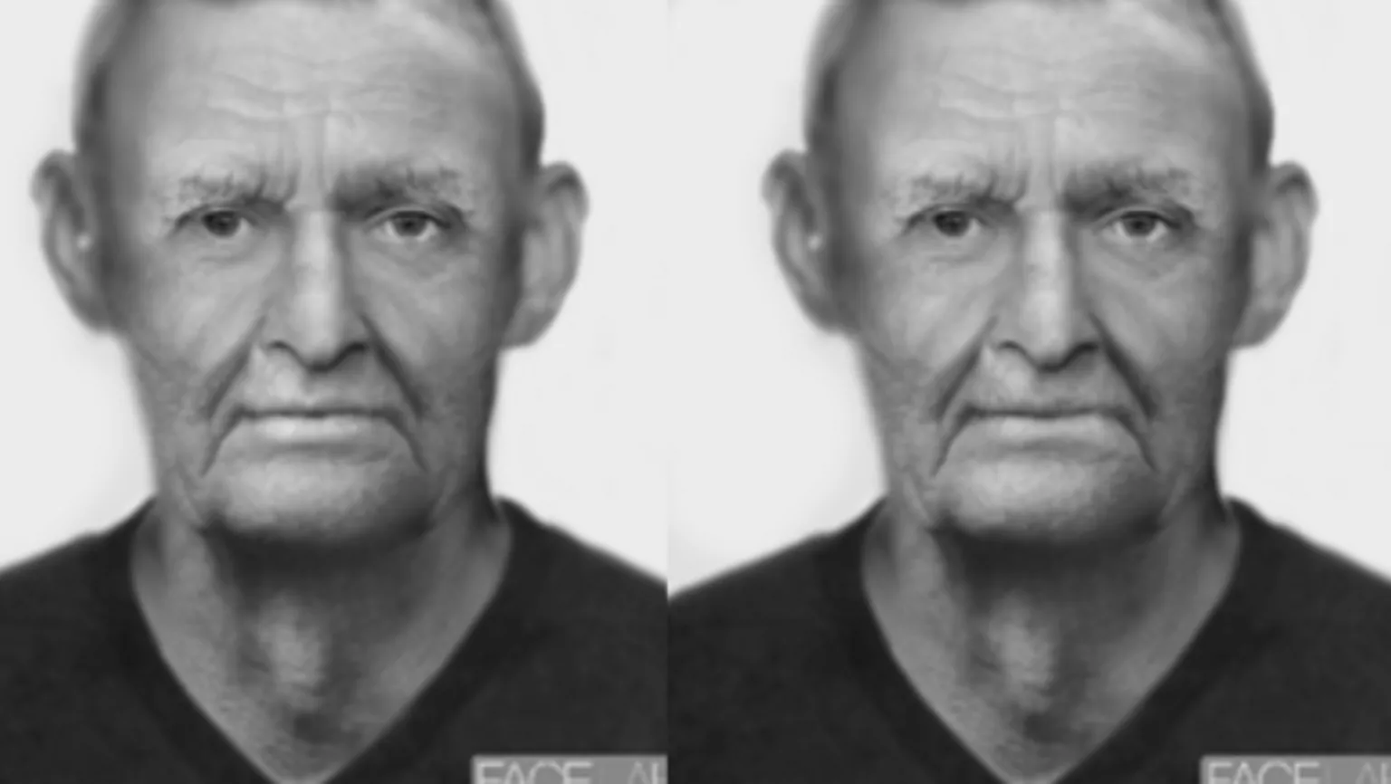 Crimestoppers A composite image of a man, they are the mock-up facial images which show how police believe the man could have looked in his 60s (left) and 70s (right). Both images are black and white.