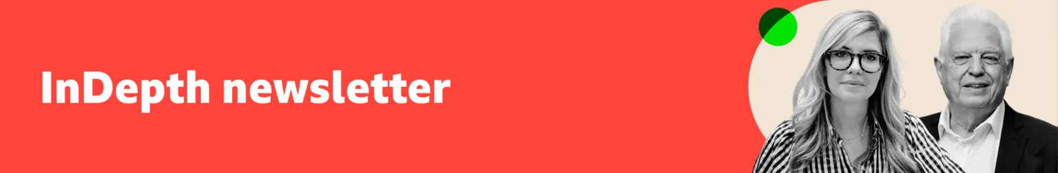 Thin, lobster red banner with white text saying ‘InDepth newsletter’. To the right are black and white portrait images of Emma Barnett and John Simpson. Emma has dark-rimmed glasses, long fair hair and a striped shirt. John has short white hair with a white shirt and dark blazer. They are set on an oatmeal, curved background with a green overlapping circle.