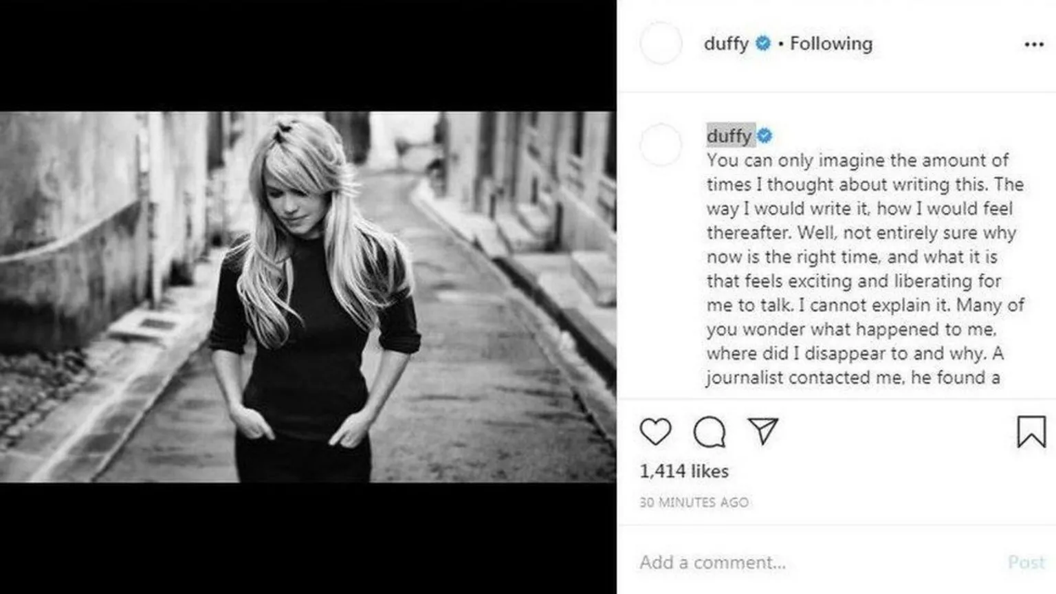 Instagram Black and white picture of Duffy, with a cation from Instagram