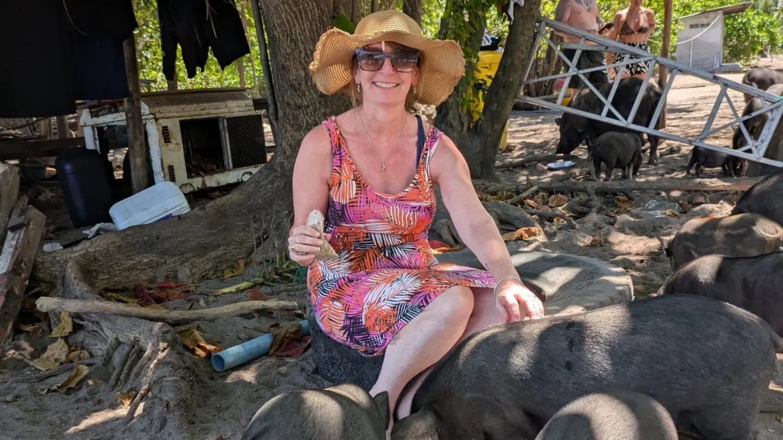 Supplied A woman in a palm leaf print, red, white and black sun dress sits on an old tyre while stroking one of a group of black pigs snuffling in the ground. She is smiling at the camera and is wearing sunglasses and a straw hat.