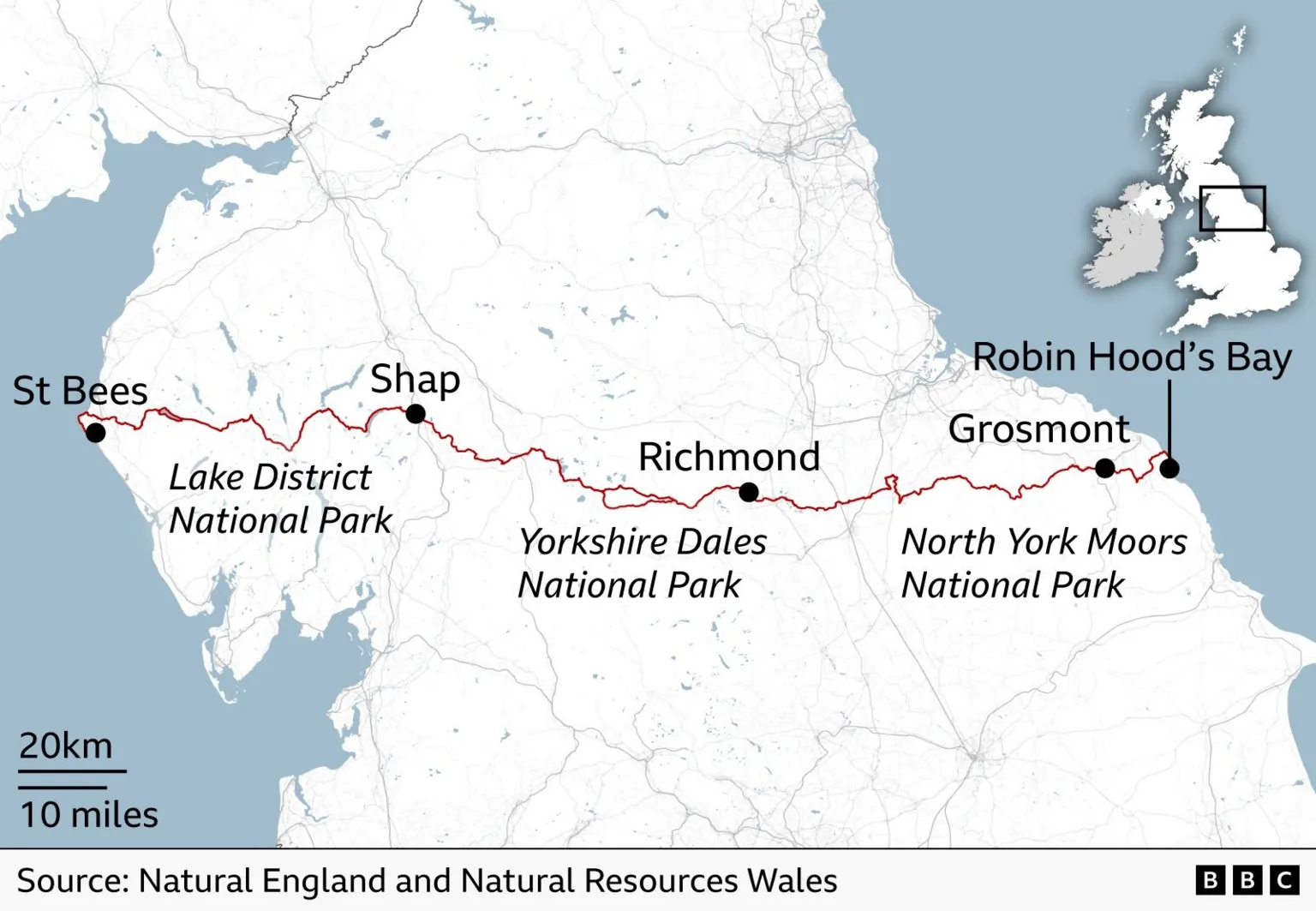 A map of the Coast to Coast trail from St Bees - on the Irish Sea coast - to Robin Hood's Bay - on the North Sea coast - showing Lake District National Park, Yorkshire Dales National Park and North York Moors National Park along the way