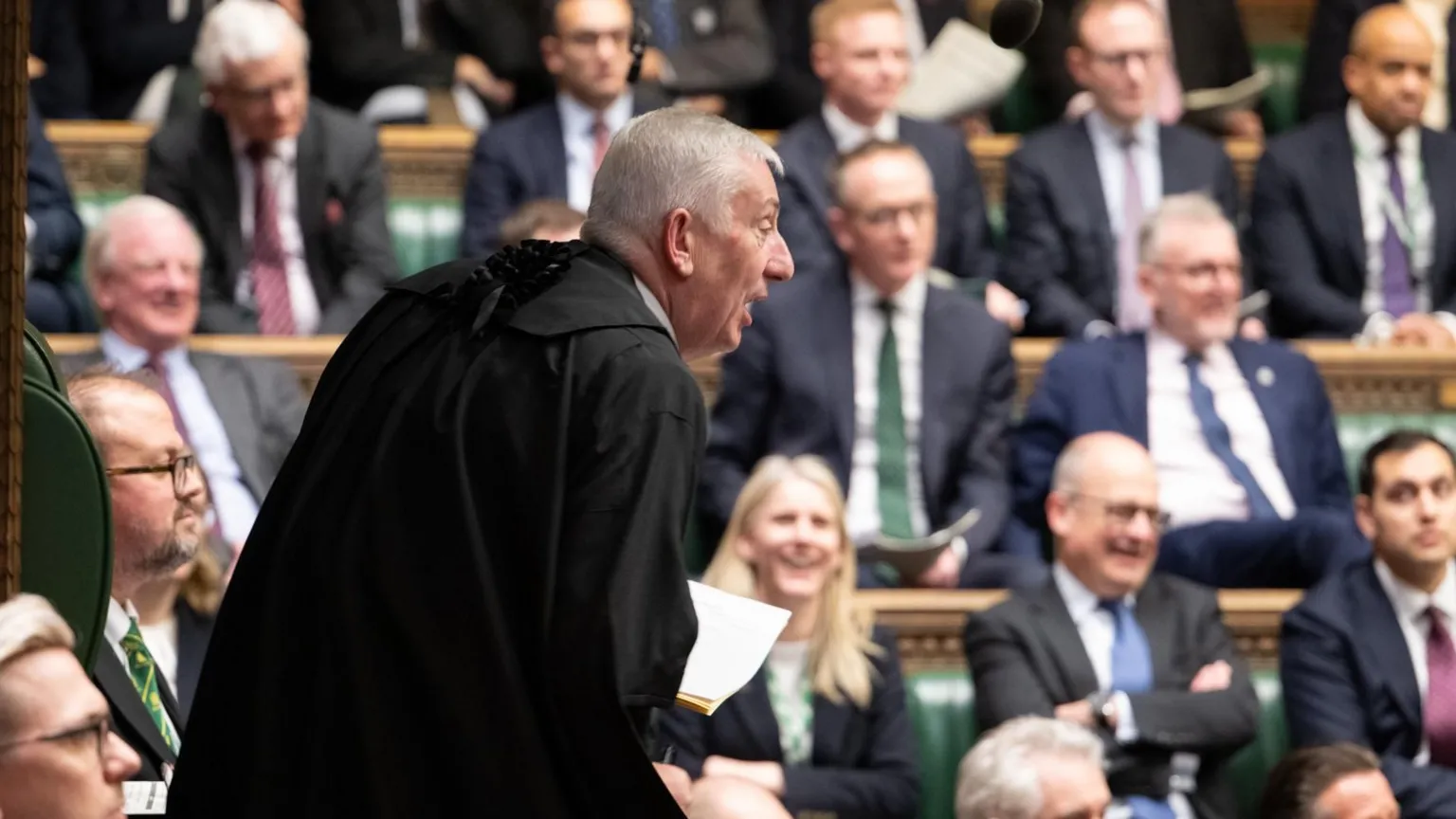 House of Commons Sir Lindsay Hoyle leans forward to tell off an MP in the Commons chamber