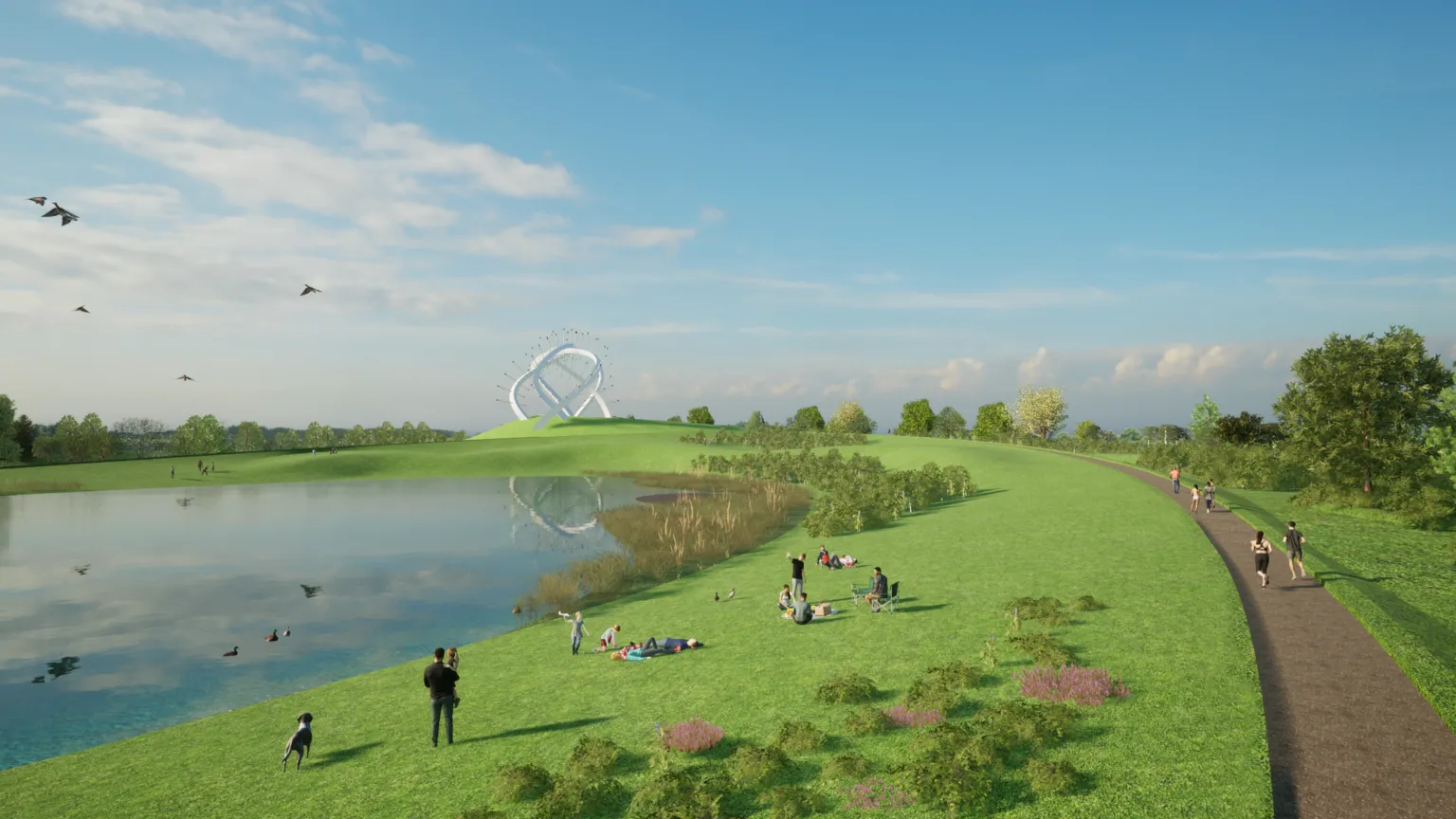 Star of Caledonia Trust People standing and sitting on landscaped gardens and paths surrounding a body of water with the large steel sculpture in the background