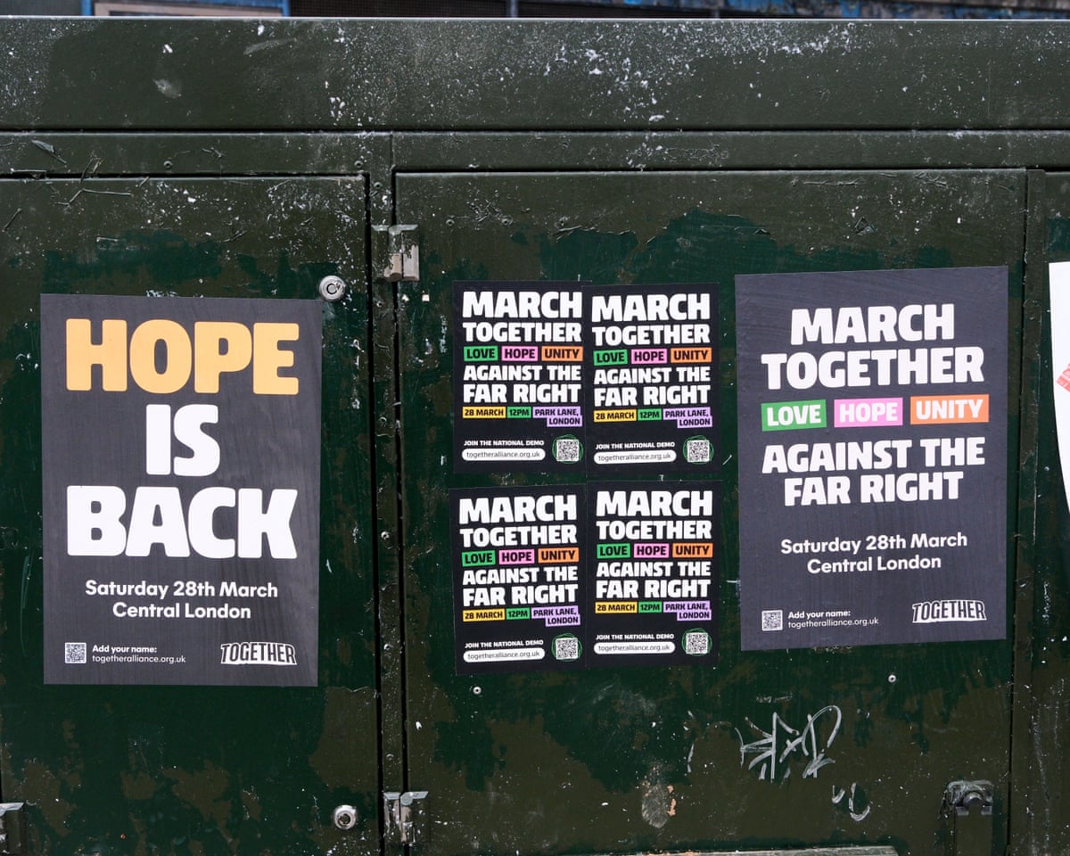 Three posters reading ‘hope is back’ and ‘march together against the far right’