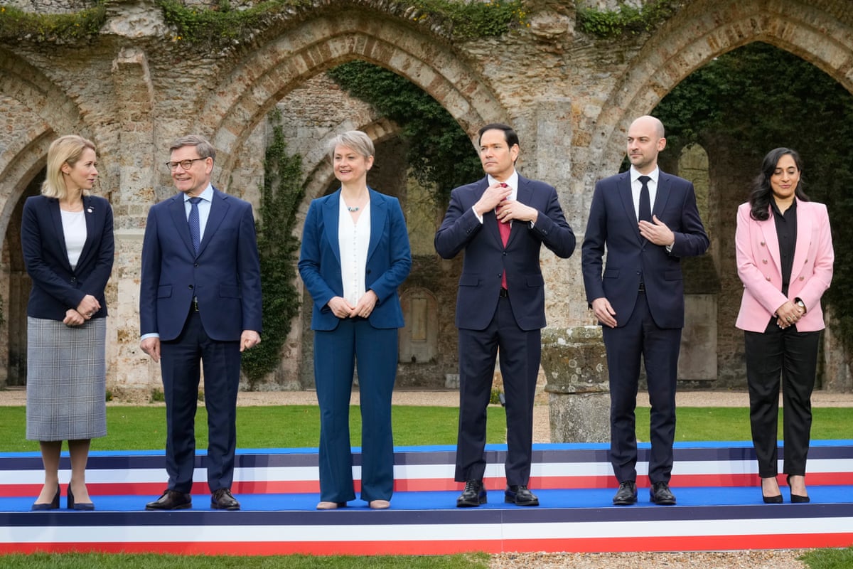 Foreign secretary Yvette Cooper with US secretary of state Marco Rubio and four other foreign ministers stand side by side as they pose for a photo.