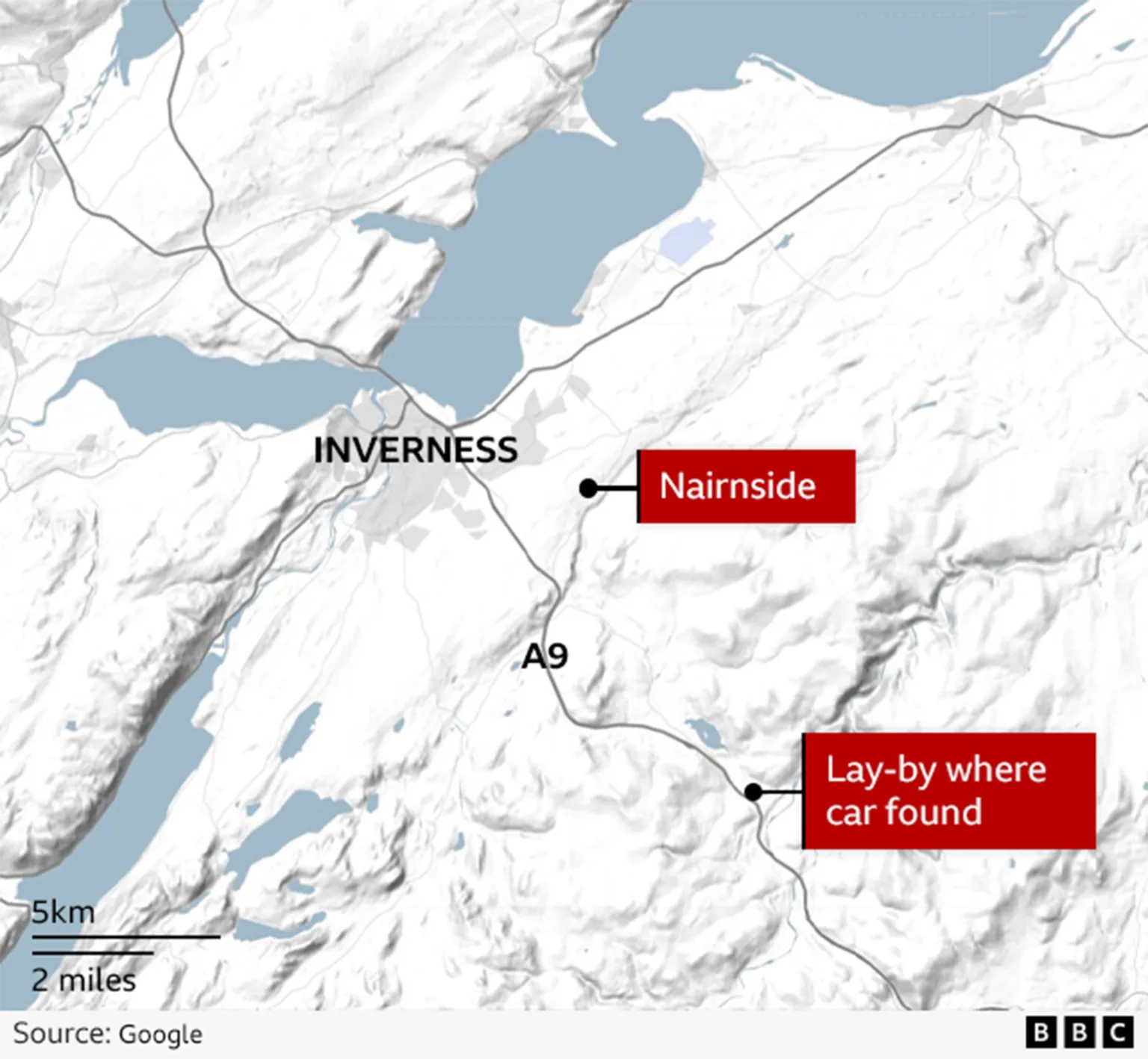 a map showing Nairnside a short distance outside Inverness and and the lay-by further south on the A9