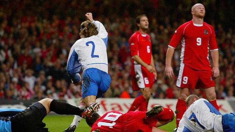 Russia's Vadim Evseev celebrates a goal against Wales.