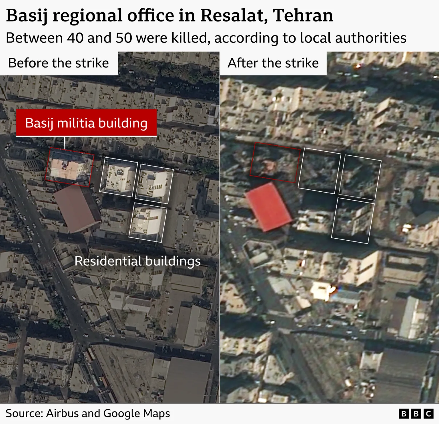 Before and after satellite images showing the destruction of a Basij building and three residential buildings. The buildings are visible in the image on the left and have been reduced to rubble in the image on the right.