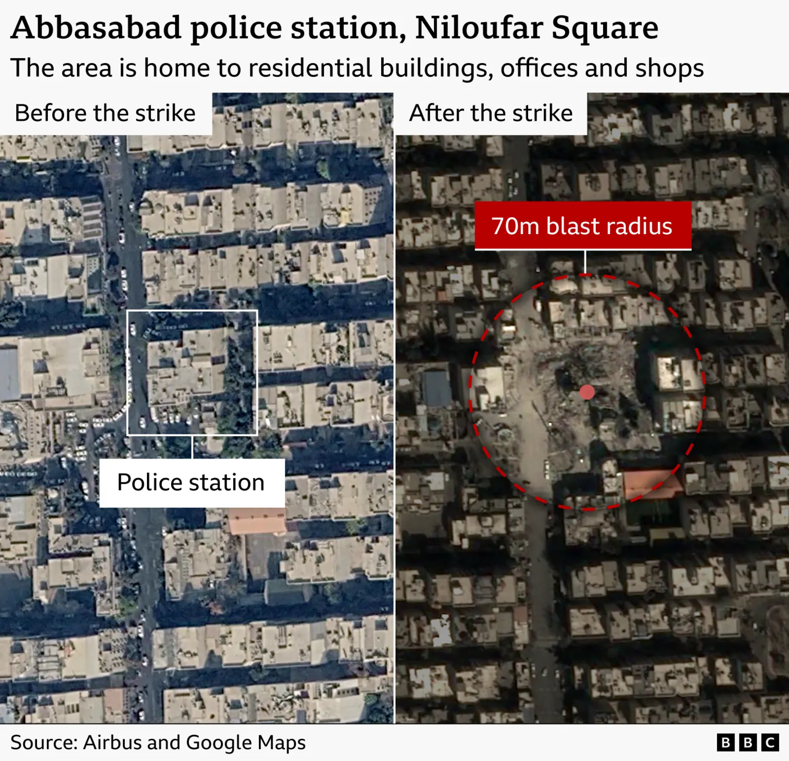Before and after satellite images showing the destruction of a police station on Niloufar Square and a 70m radius around it in which other buildings have been damaged by the blast.