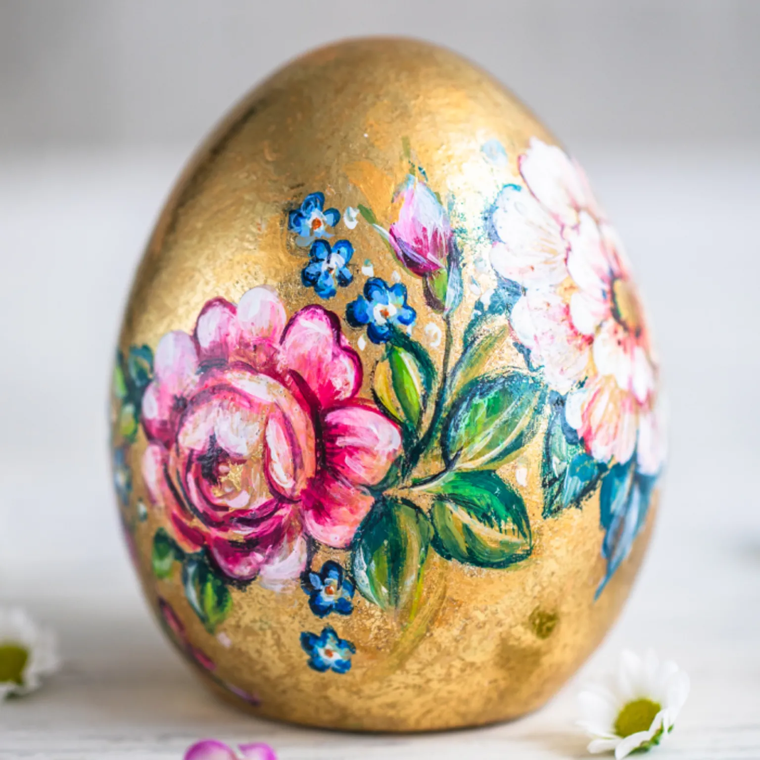 Amy Swann Gold and flower painted decorative egg. The flowers are pink and white and blue of varying sizes, realistic in design, and with green leaves behind them.