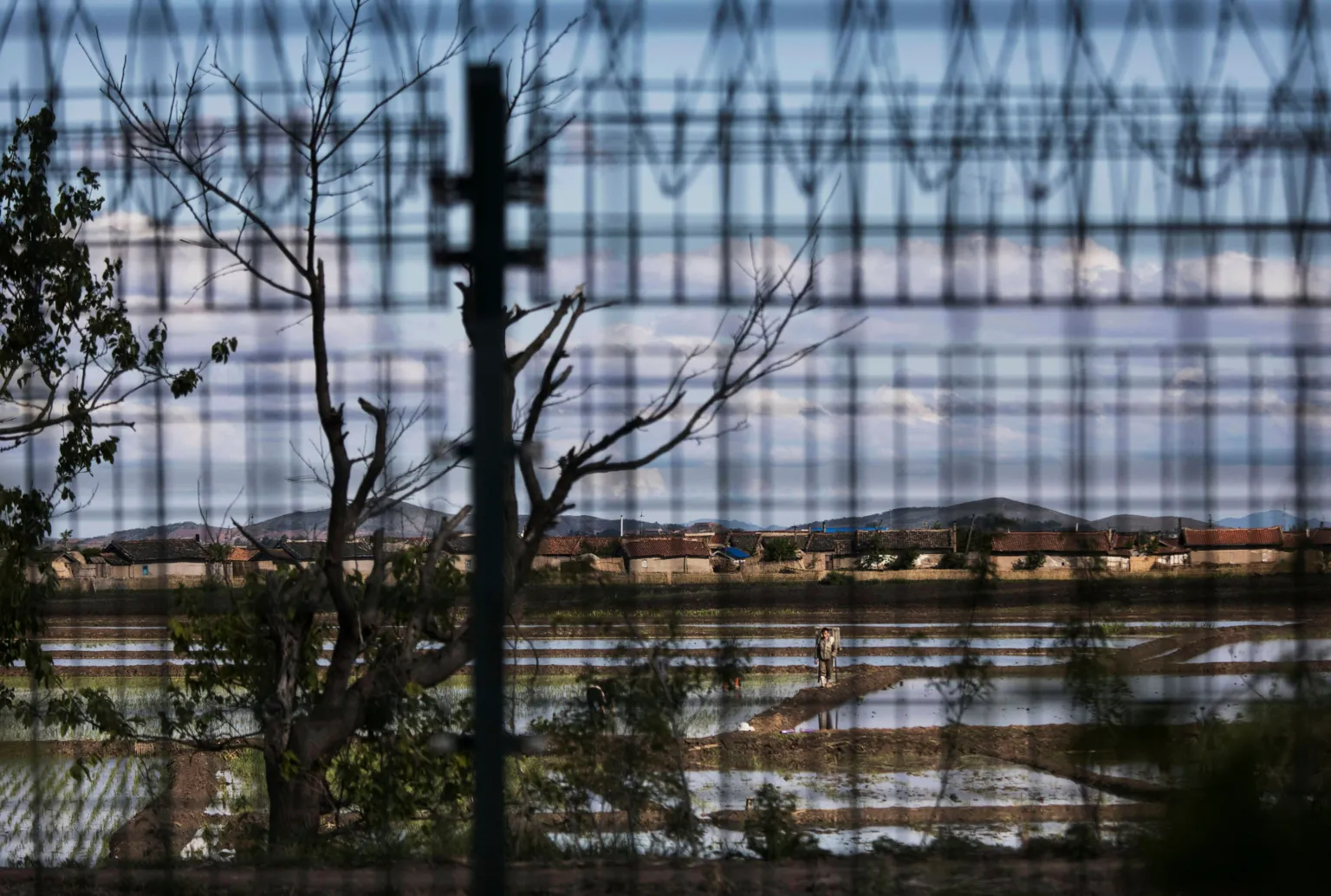  A North Korean farmer is seen through a razor wire fence near the border city of Dandong, Liaoning province, northern China across from the city of Sinuiju, North Korea on May 23, 2017 in Dandong, China