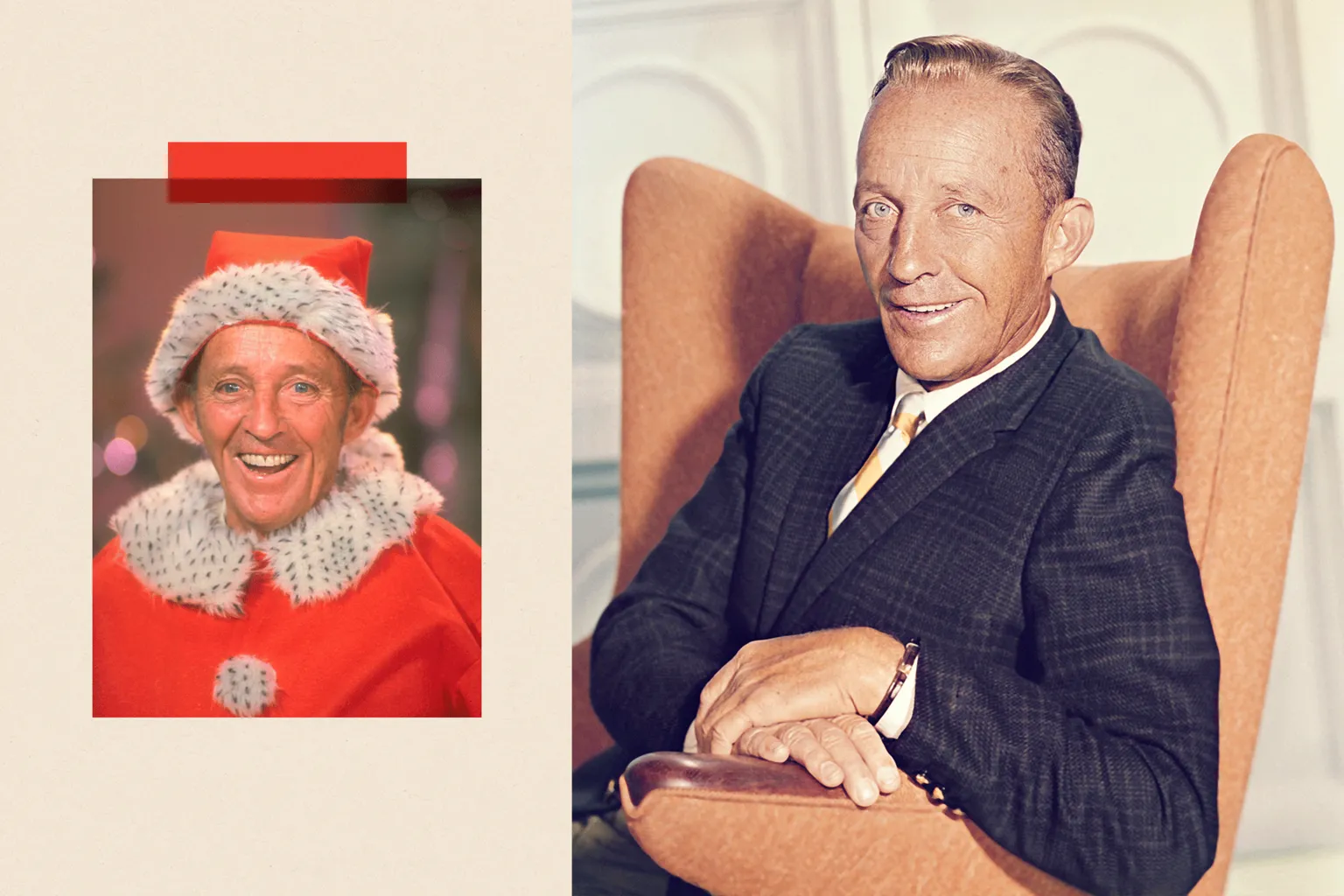 TV Times/ / Screen Archives A dual image showing Bing Crosby dressed as Santa Claus on the set of his holiday special Bing Crosby's White Christmas (left) and Bing as he poses in an armchair (right)