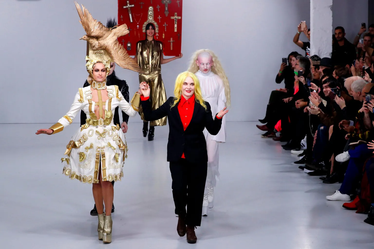 Model s and fashion designer Pam Hogg walks the runway at the Pam Hogg show during London Fashion Week February 2020 at the Fashion Scout Venue on February 16, 2020 in London, England.