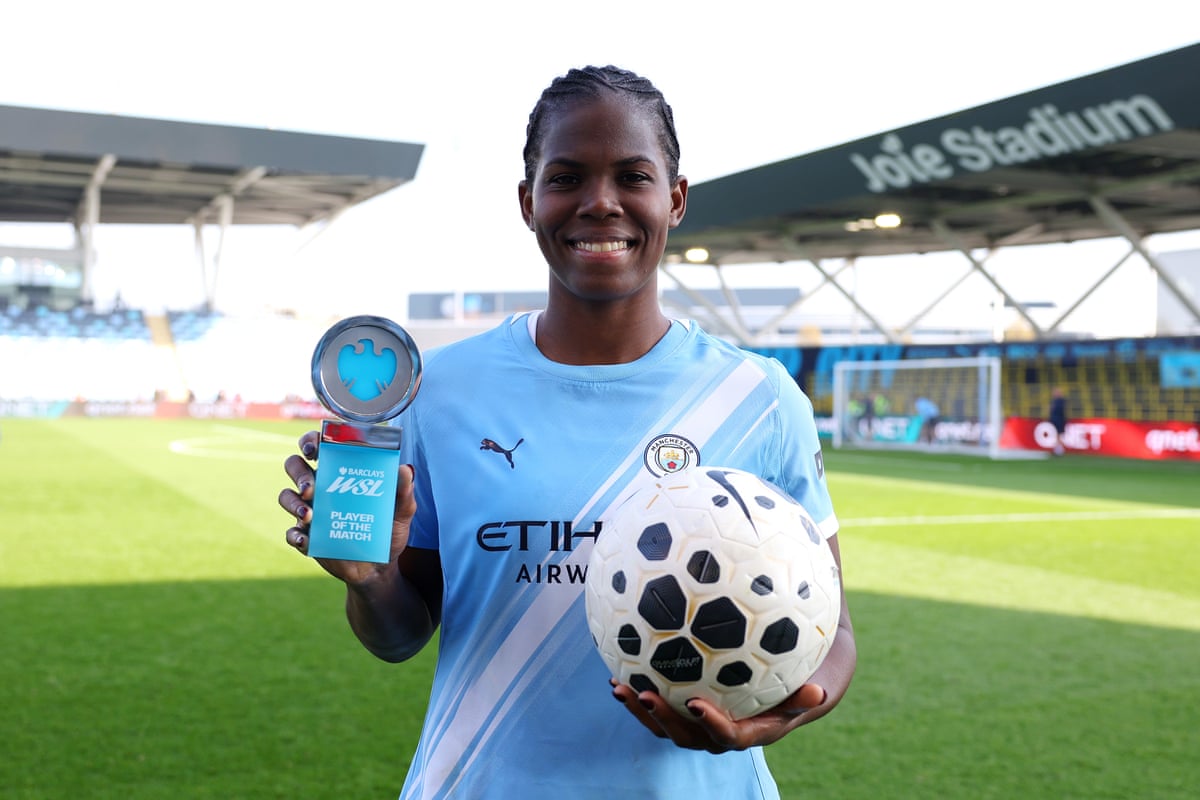 Khadija Shaw of Manchester City poses for a photo with the Barclays WSL Player Of The Match award after the Barclays Women's Super League match between Manchester City and Tottenham Hotspur at Joie Stadium on March 21, 2026 in Manchester, England.