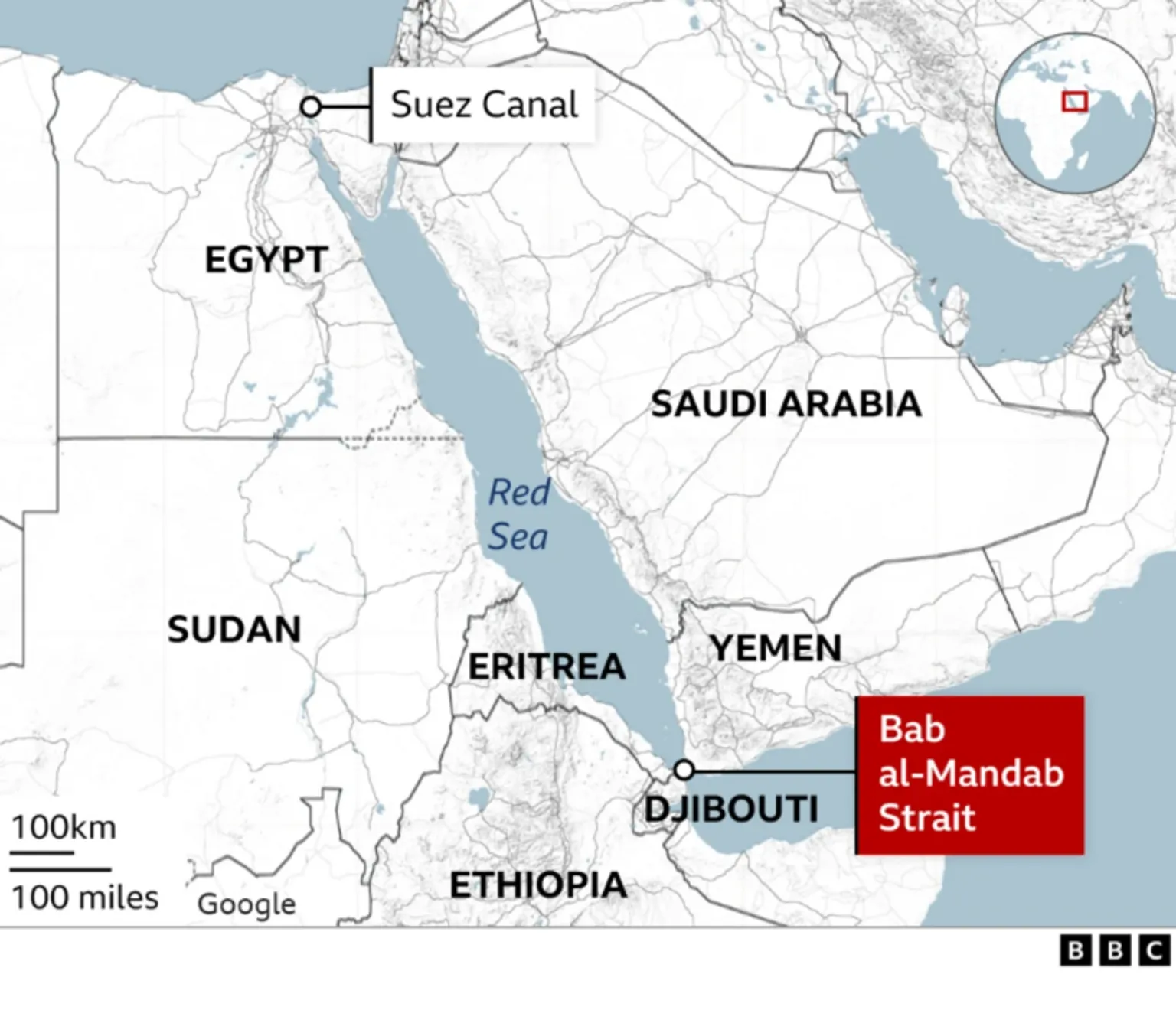 Map showing countries around the Bab al_Mandab Strait