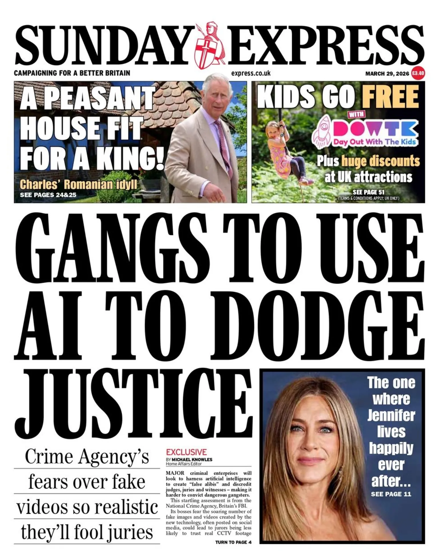 The headline on the front page of the Sunday Express reads: Gangs to use AI to dodge justice
