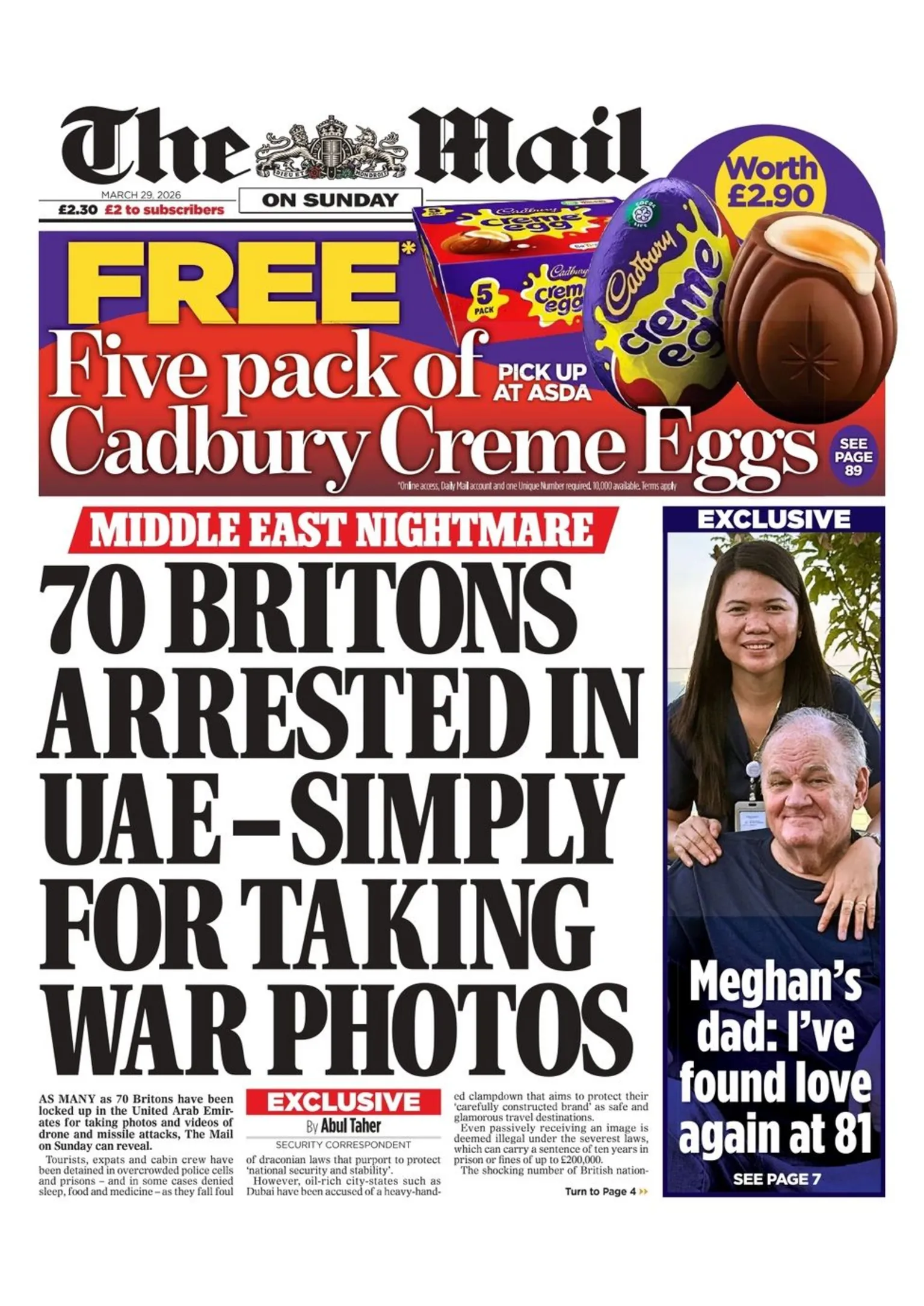 The headline on the front page of the Mail on Sunday reads: 70 Britons arrested in UAE - simply for taking war photos