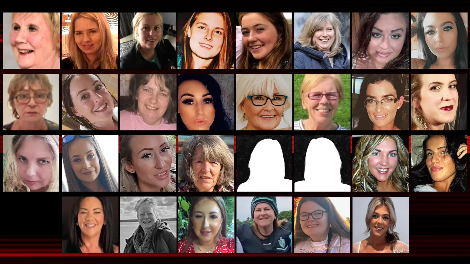 A collage of pictures of 28 of the 30 women who have died violently in Northern Ireland since 2020, with two silhouettes representing the other two women