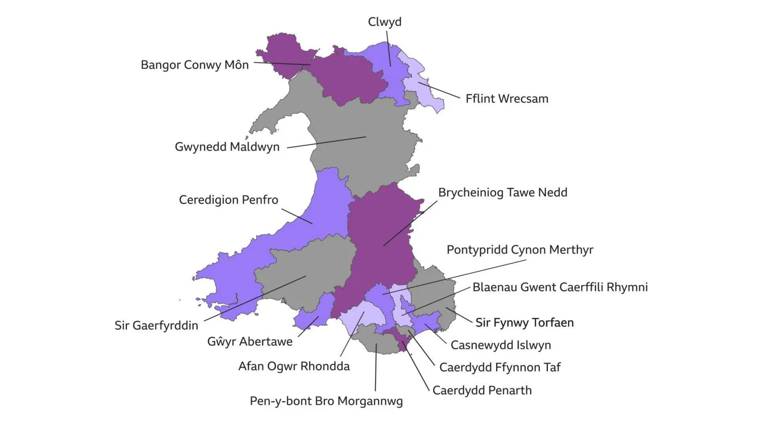 A map of Wales with each of the 16 new constituencies labelled. Bangor Conwy Môn Clwyd Fflint Wrecsam Gwynedd Maldwyn Ceredigion Penfro Sir Gaerfyrddin Gŵyr Abertawe Brycheiniog Tawe Nedd Afan Ogwr Rhondda Pontypridd Cynon Merthyr Blaenau Gwent Caerffili Rhymni Sir Fynwy Torfaen Casnewydd Islwyn Caerdydd Penarth Caerdydd Ffynnon Taf Pen-y-bont Bro Morgannwg