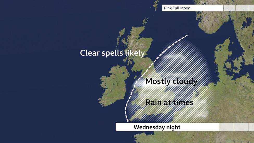 Map of UK with cloud shown across most of England and all of Wales but clear skies over Northern Ireland and Scotland.