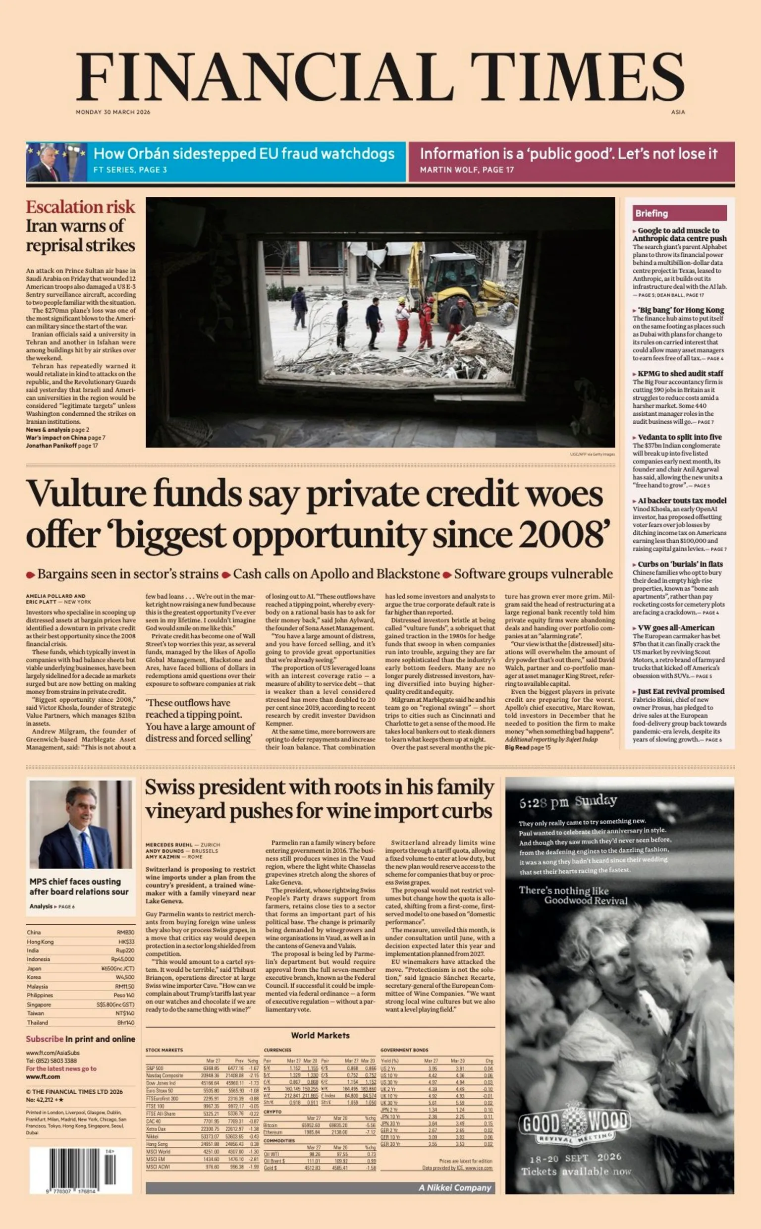 The headline on the front page of the Financial Times reads: