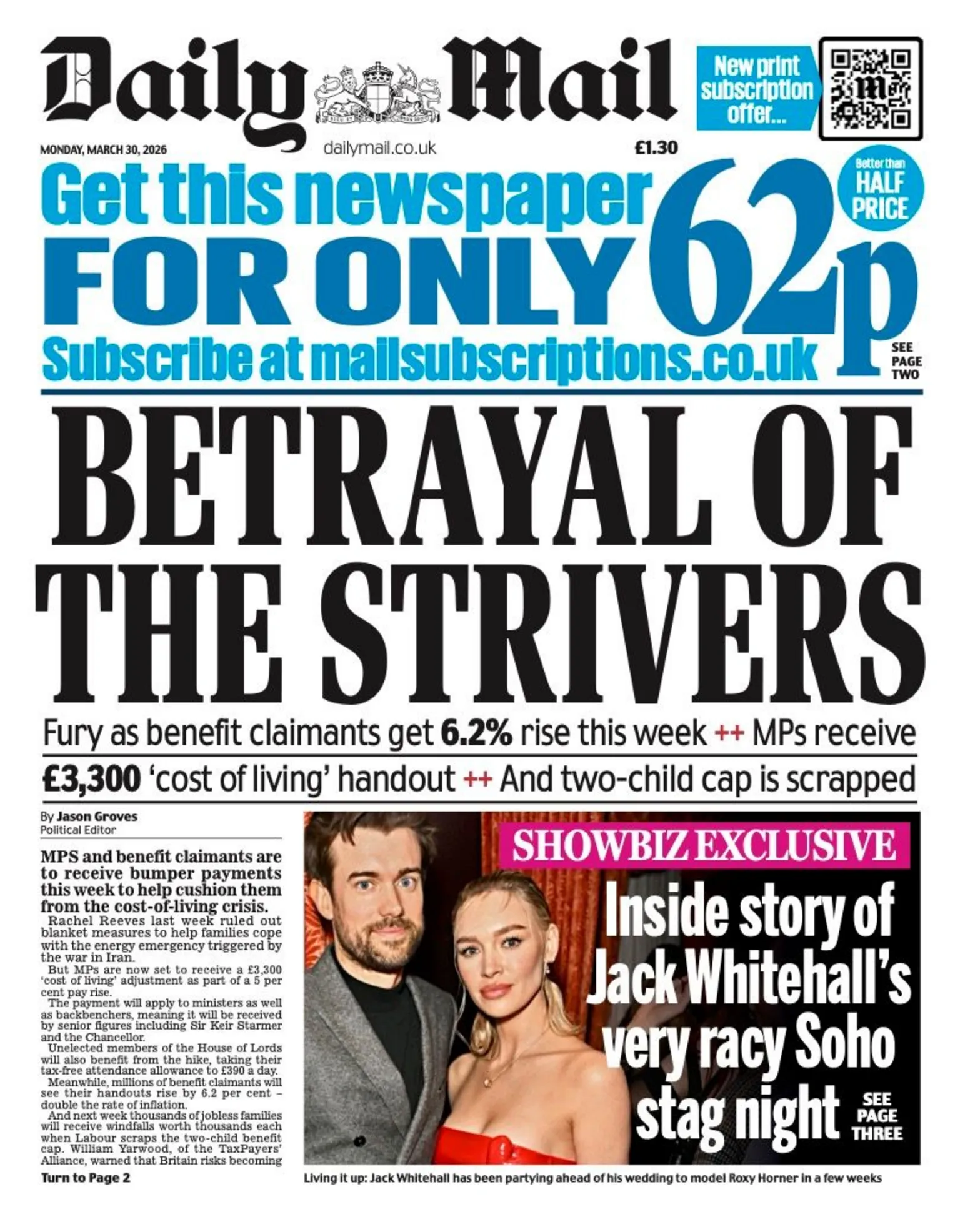 The headline on the front page of the Daily Mail reads: