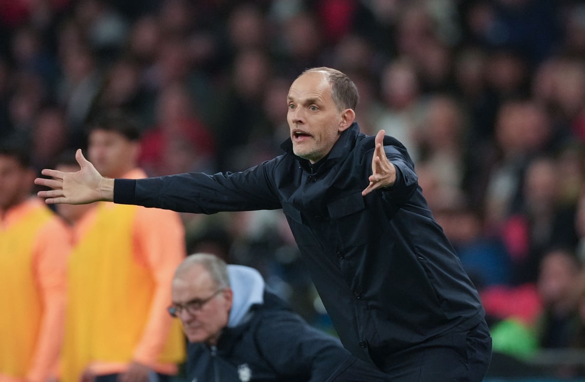 Thomas Tuchel gestures from the touchline at Wembley during England v Uruguay
