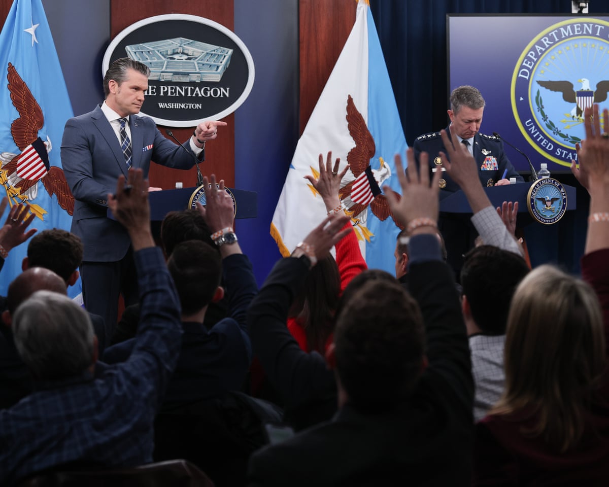 Pete Hegseth takes questions from reporters during a press briefing at the Pentagon on 19 March in Arlington, Virginia.