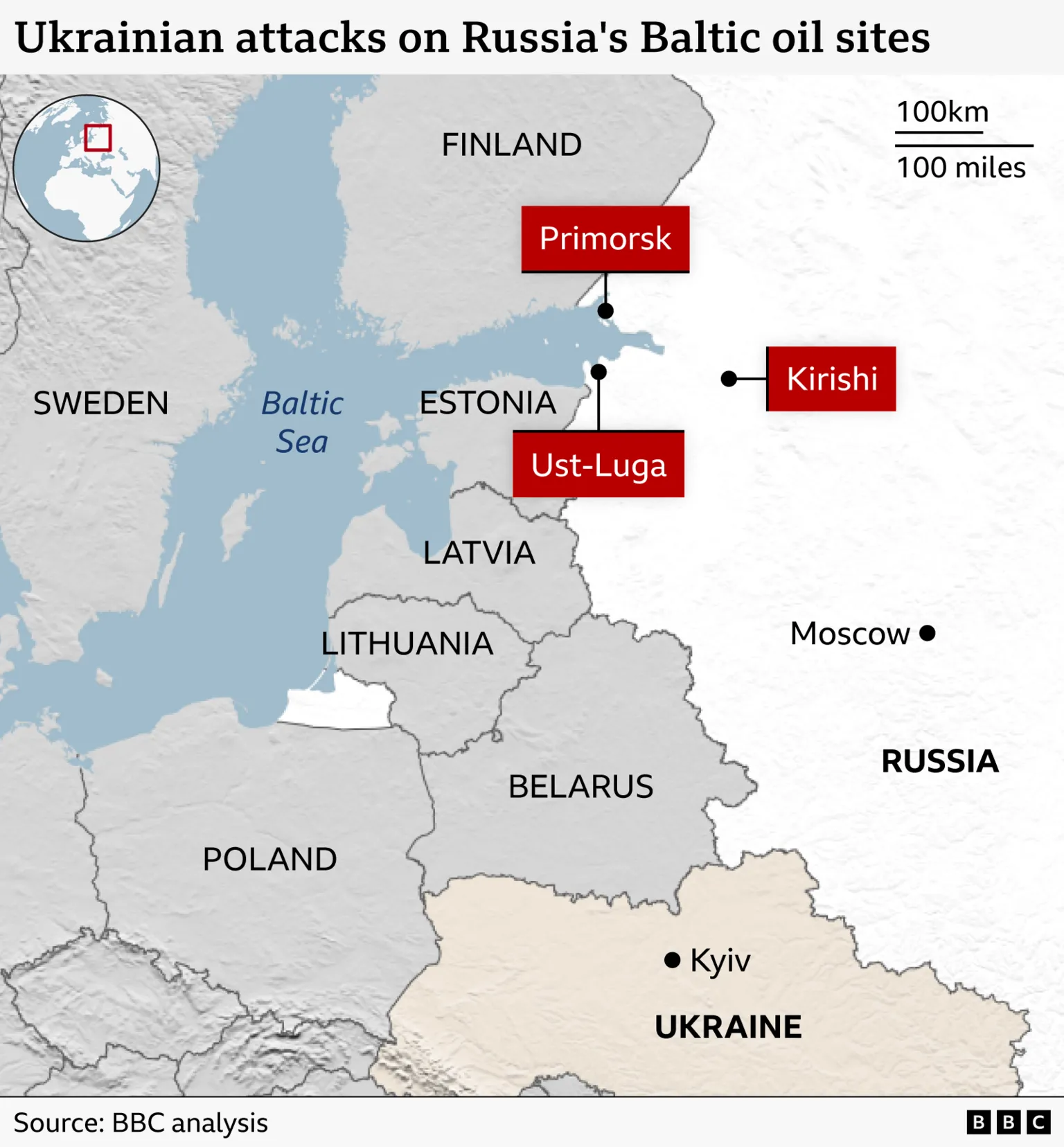 A map of north-eastern Europe, with the locations of Primorsk, Ust-Luga and Kirishi marked inside Russia. All three oil facilities are on or near the Baltic Sea.