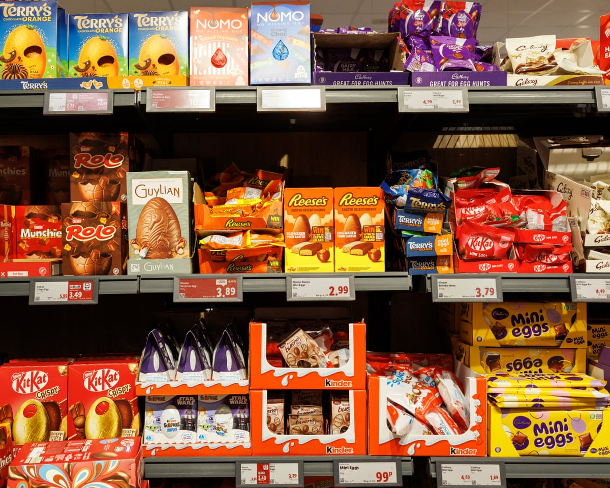Easter Eggs are displayed on a shelf in a Lidl supermarket on March 26, 2026 in London, England