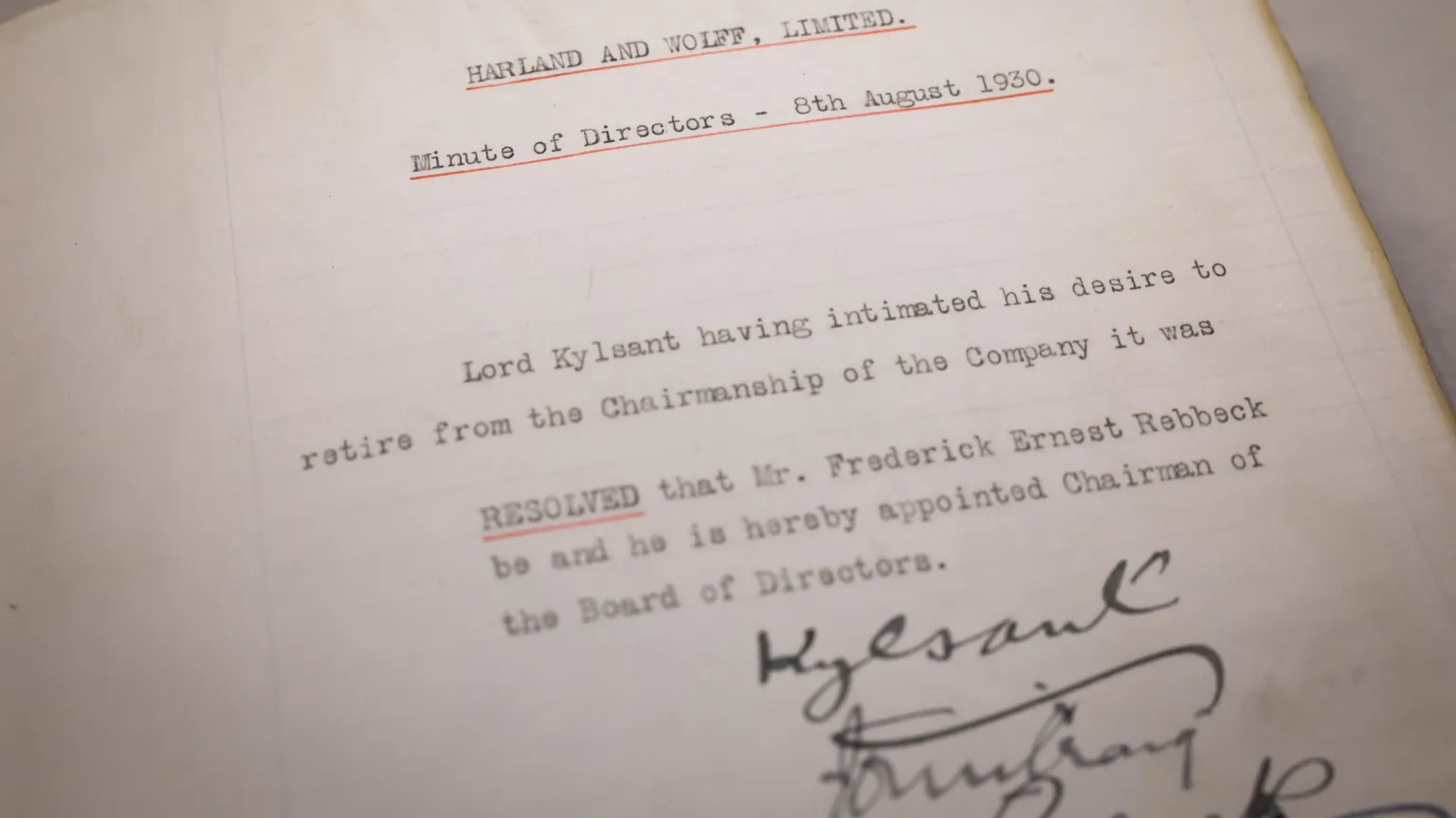 National Museums Northern Ireland An old-looking document titled 'HARLAND AND WOLFF, LIMITED' from 8 August 1930. The document has a signature at the bottom of it. 