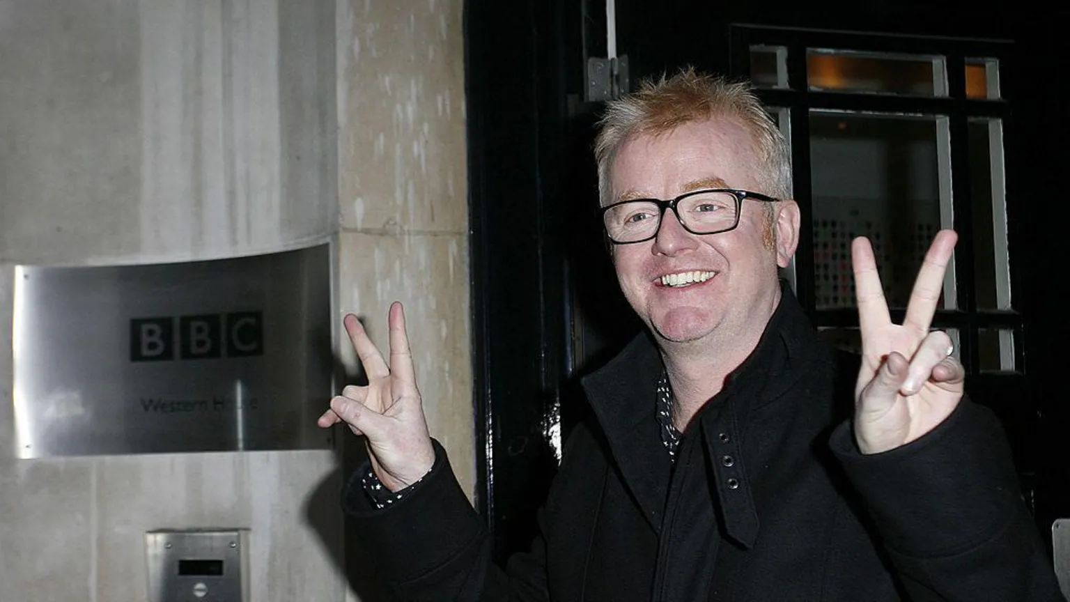 Chris Evans leaving BBC Radio Studios where he had just presented his first breakfast show on Radio 2 on January 11, 2010 in London, England.